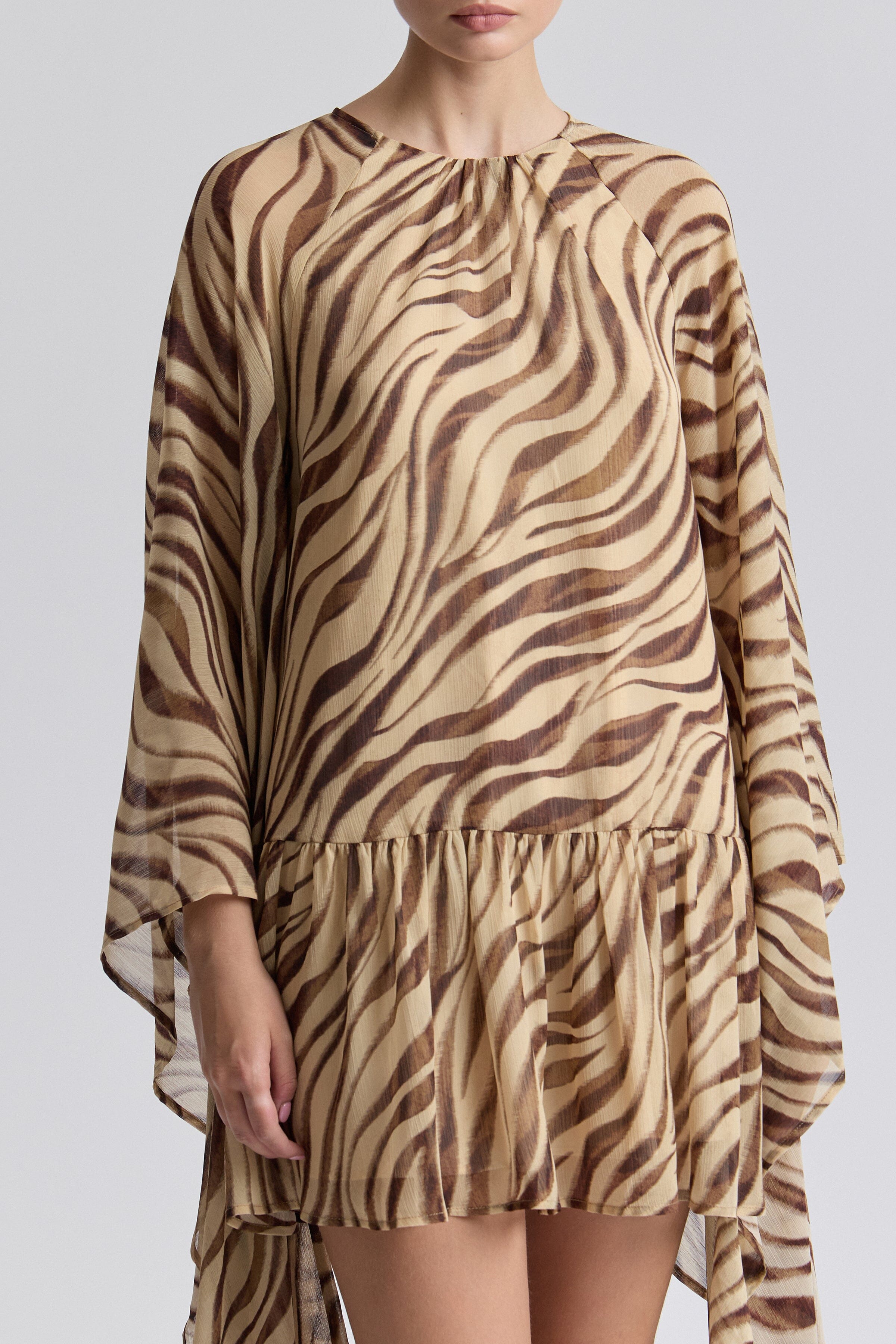 Crinkle georgette zebra short dress with raglan sleeves and round neck - Shop women's mini dresses by Avec Les Filles