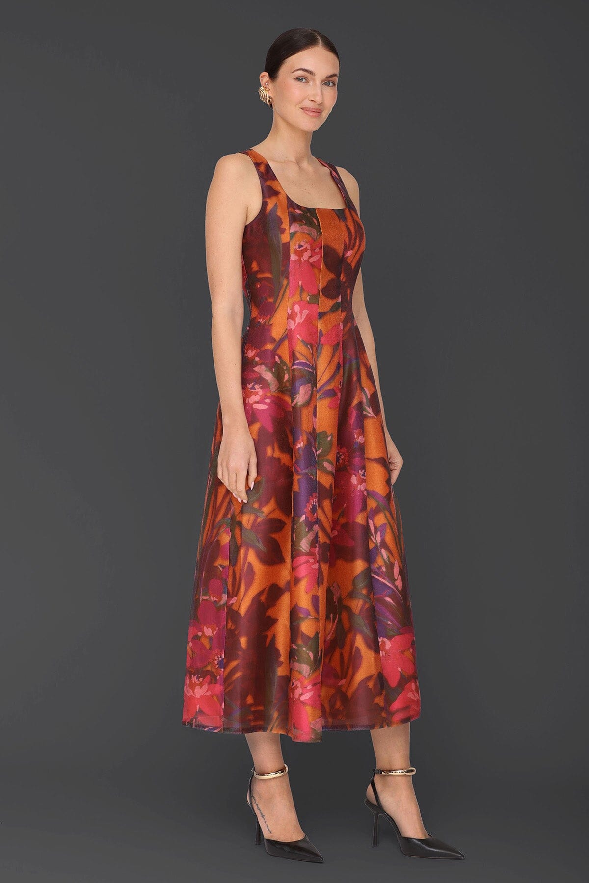 Fall floral fit & flare multicolor maxi dress with square neckline and sleeveless - Cute women's dresses by Avec Les Filles