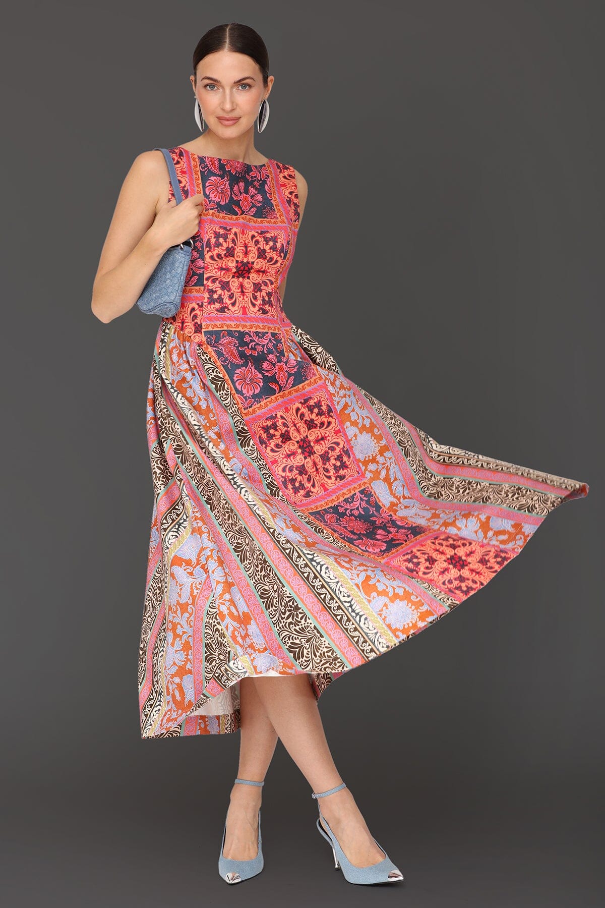 Patchwork scarf printed multicolor cotton midi dress with fitted bodice and sleeveless wide straps - Cute women's midi dresses by Avec Les Filles