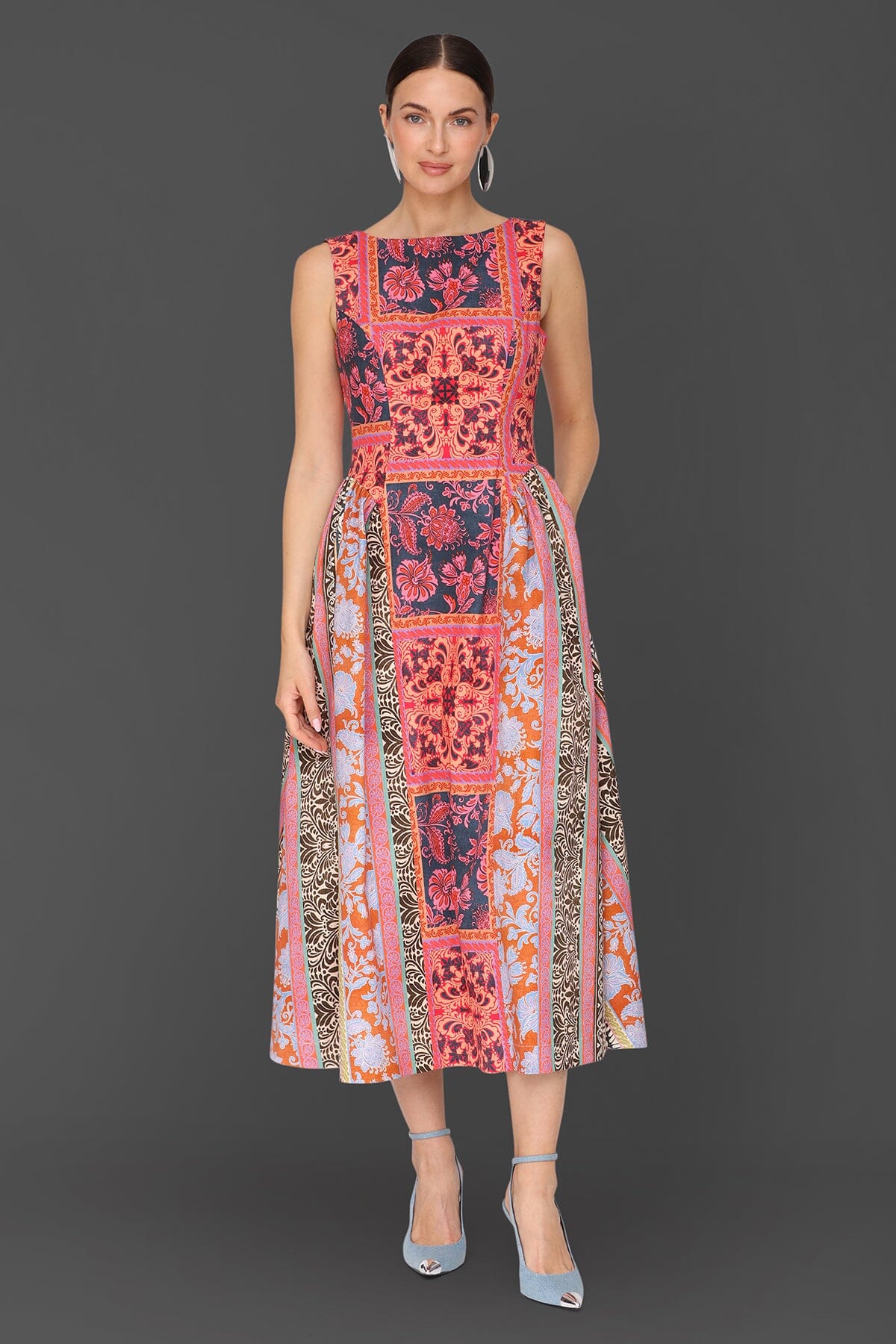 Patchwork scarf printed multicolor cotton midi dress with fitted bodice and sleeveless wide straps - Cute women's midi dresses by Avec Les Filles