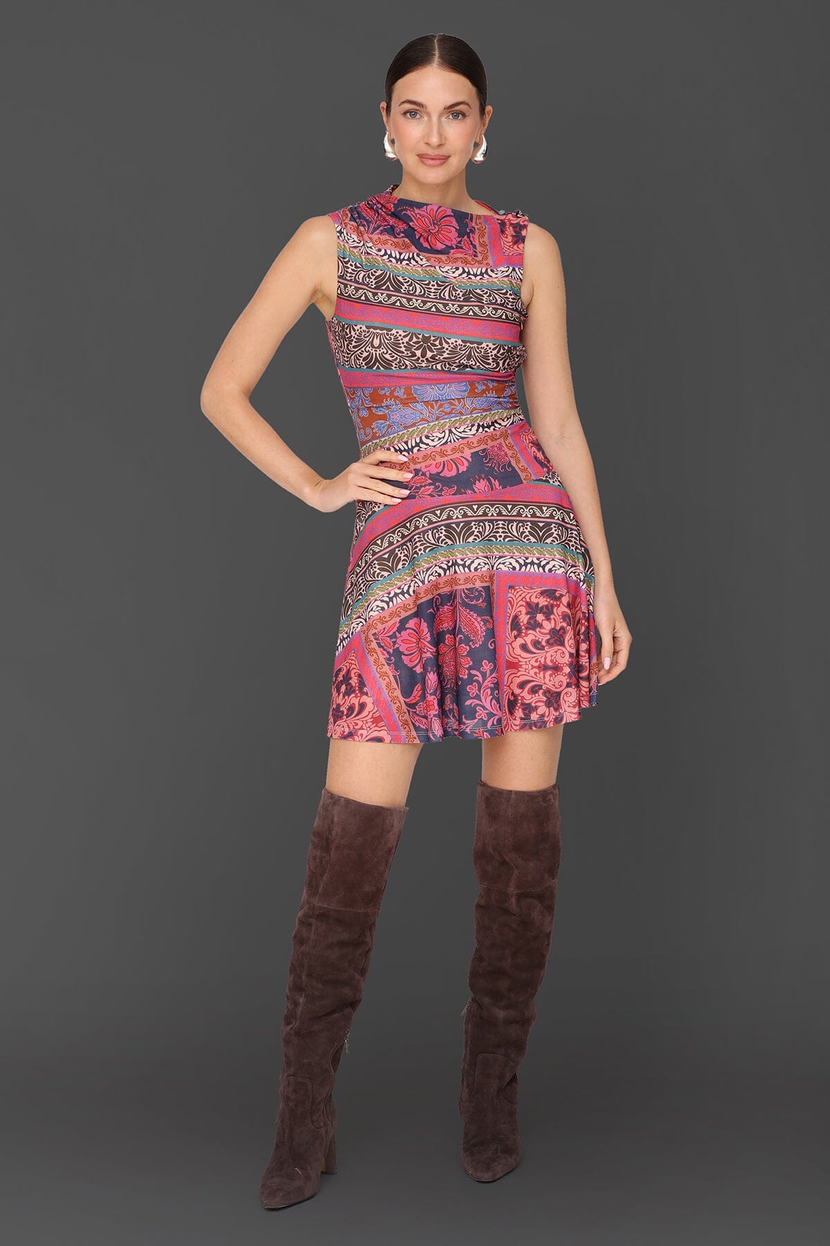 Scarf print drop-waist multicolor flared mini dress with sleeveless and asymmetric draped neckline - Cute women's mini dresses by Avec Les Filles