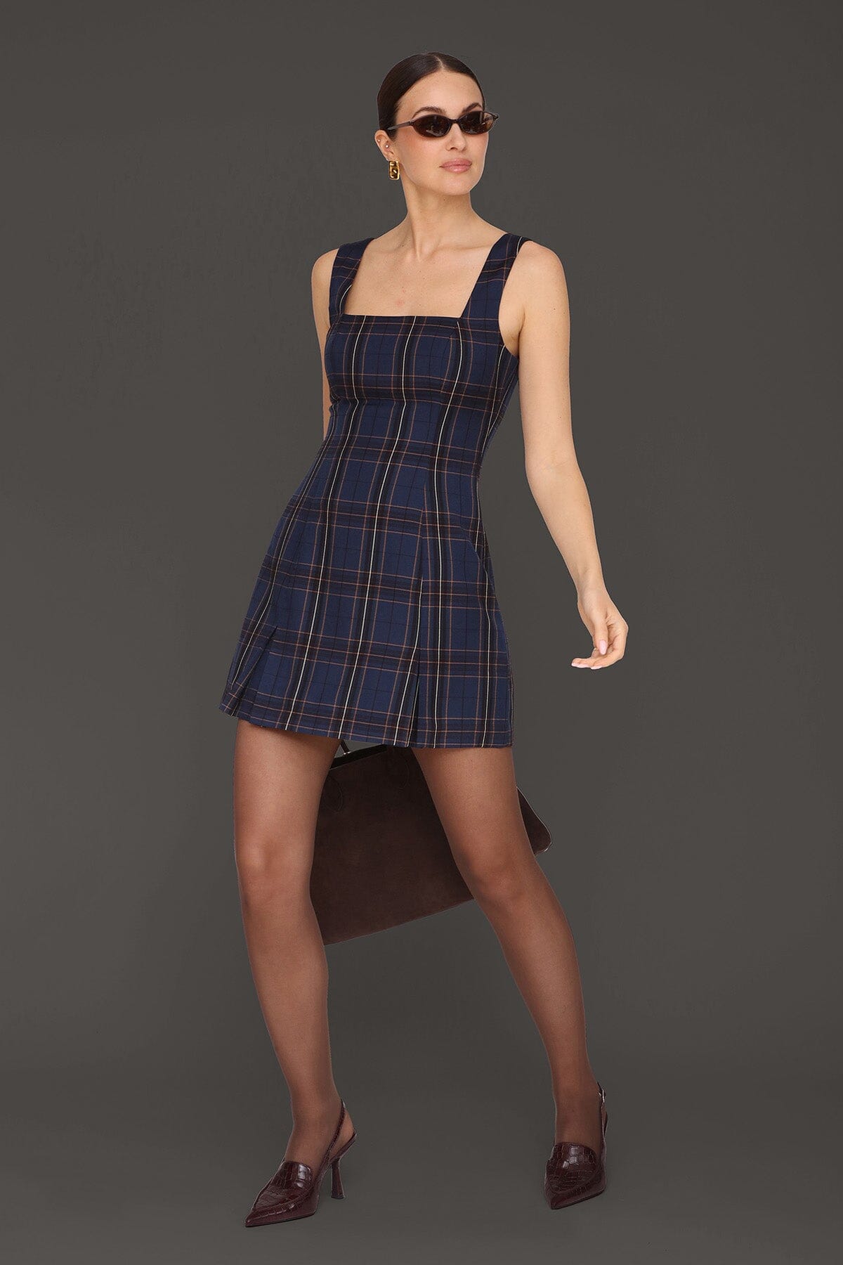 Blue plaid tailored pleated mini dress with wide tank straps and square neckline - Cute women's mini dresses by Avec Les Filles