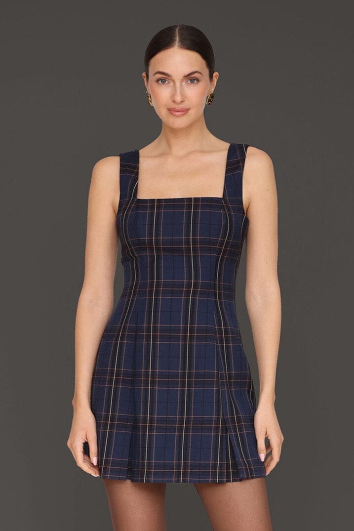 Blue plaid tailored pleated mini dress with wide tank straps and square neckline - Cute women's mini dresses by Avec Les Filles