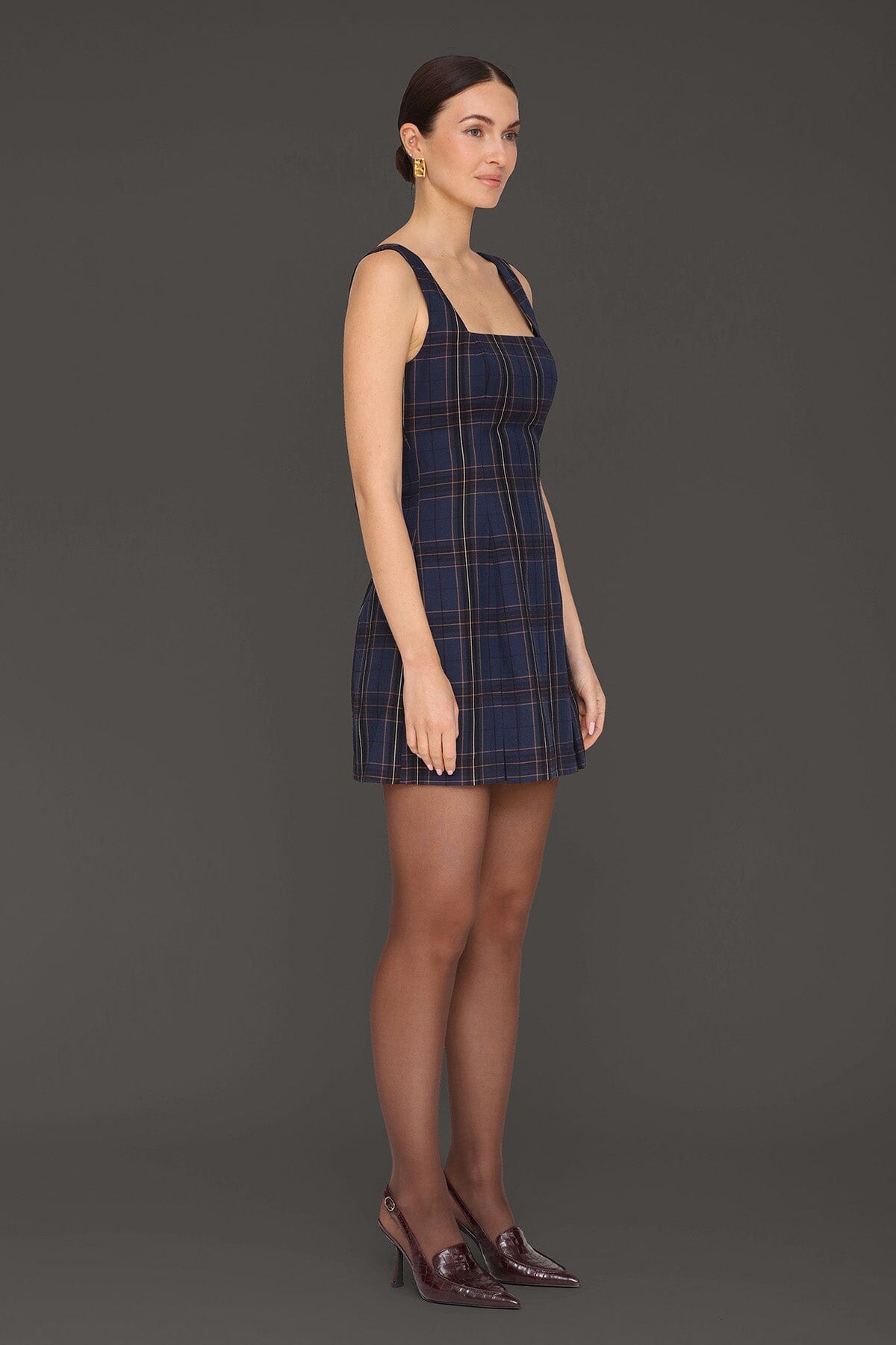 Blue plaid tailored pleated mini dress with wide tank straps and square neckline - Cute women's mini dresses by Avec Les Filles