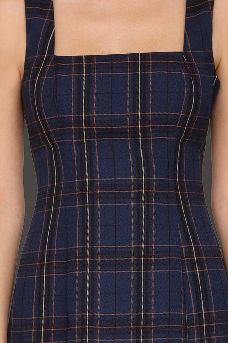 Blue plaid tailored pleated mini dress with wide tank straps and square neckline - Cute women's mini dresses by Avec Les Filles