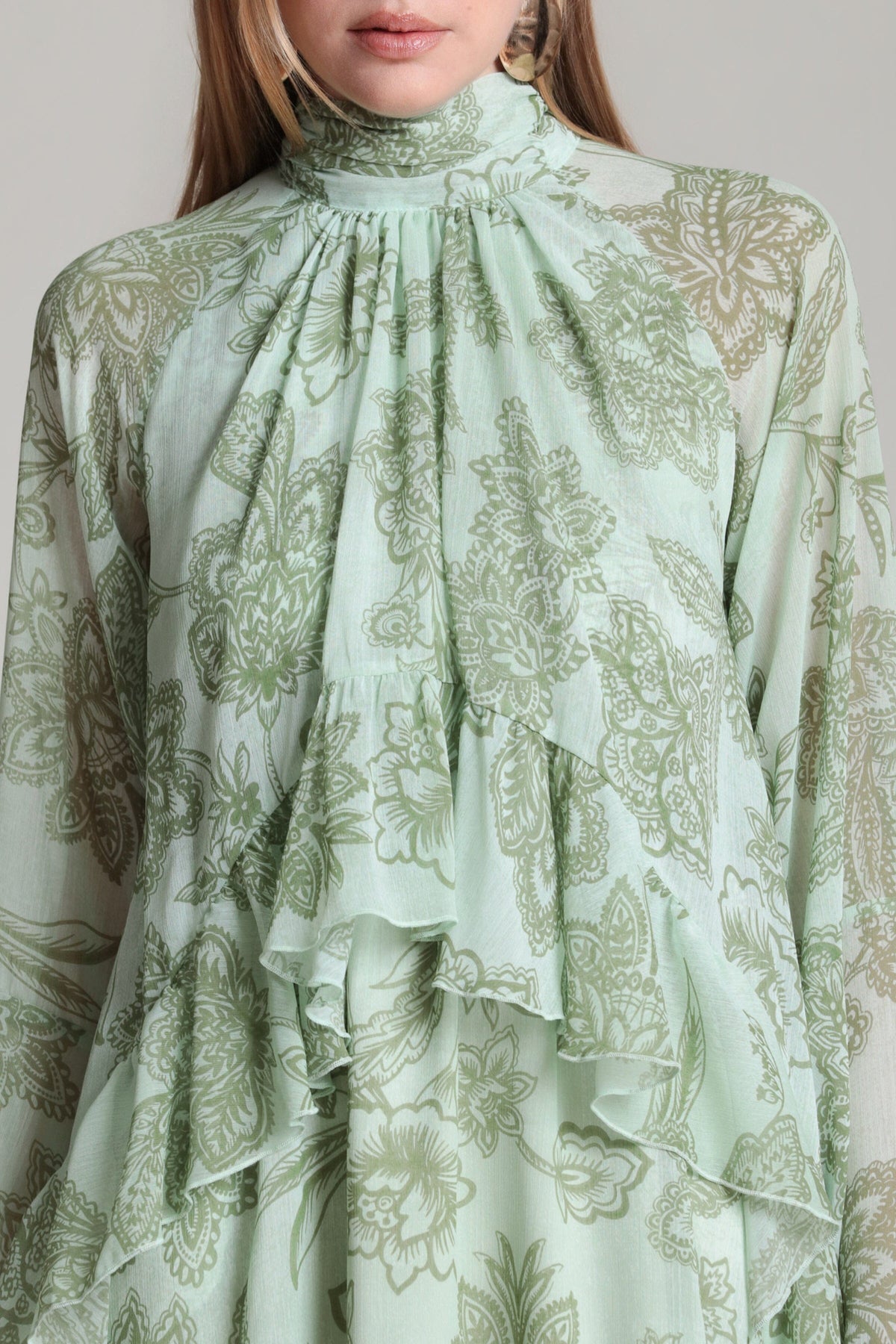 Printed crinkle georgette green long sleeve ruffle dress - Shop women's mini dresses by Avec Les Filles.