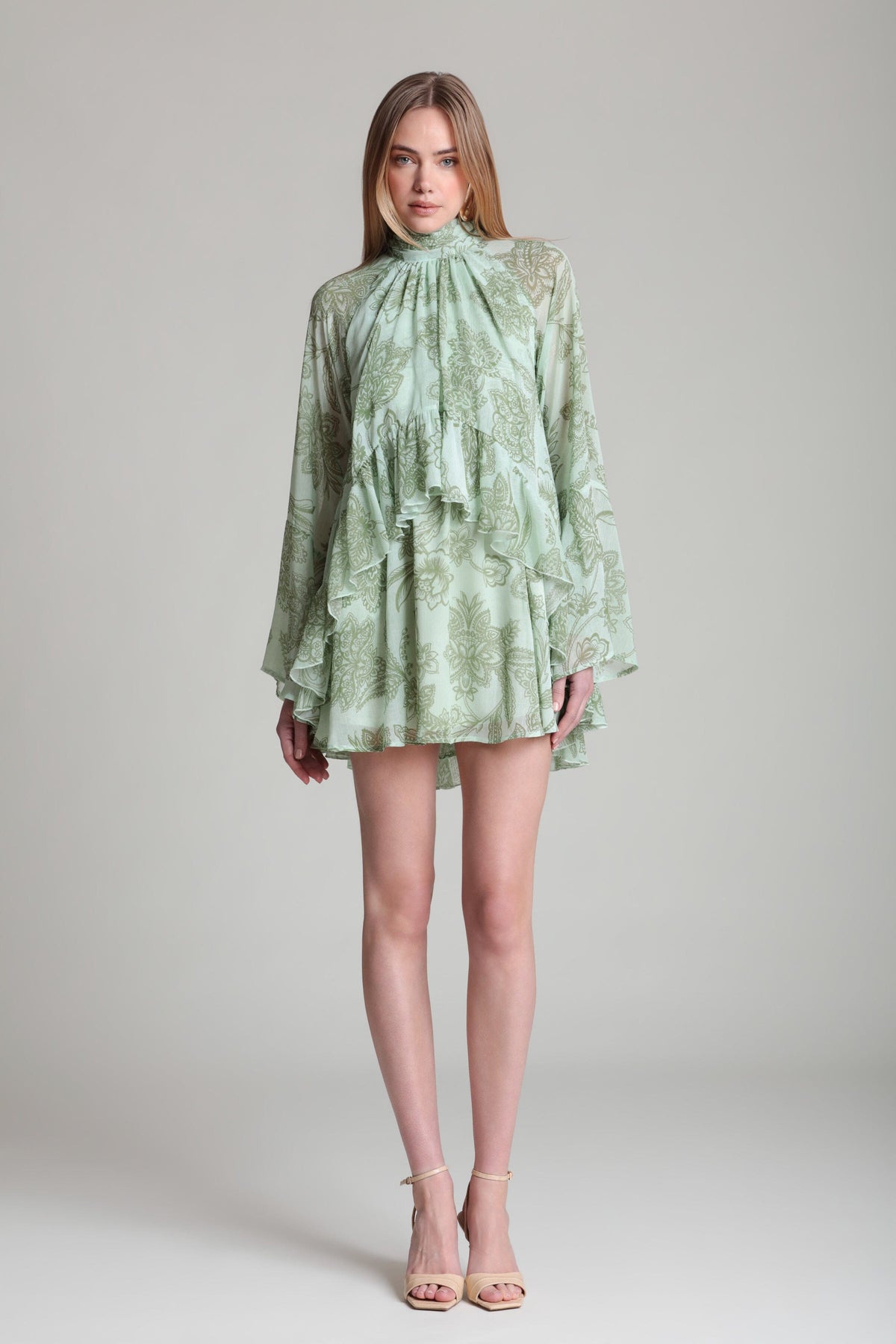 Printed georgette green long sleeve ruffle mini dress - Shop women's mini dresses by Avec Les Filles.