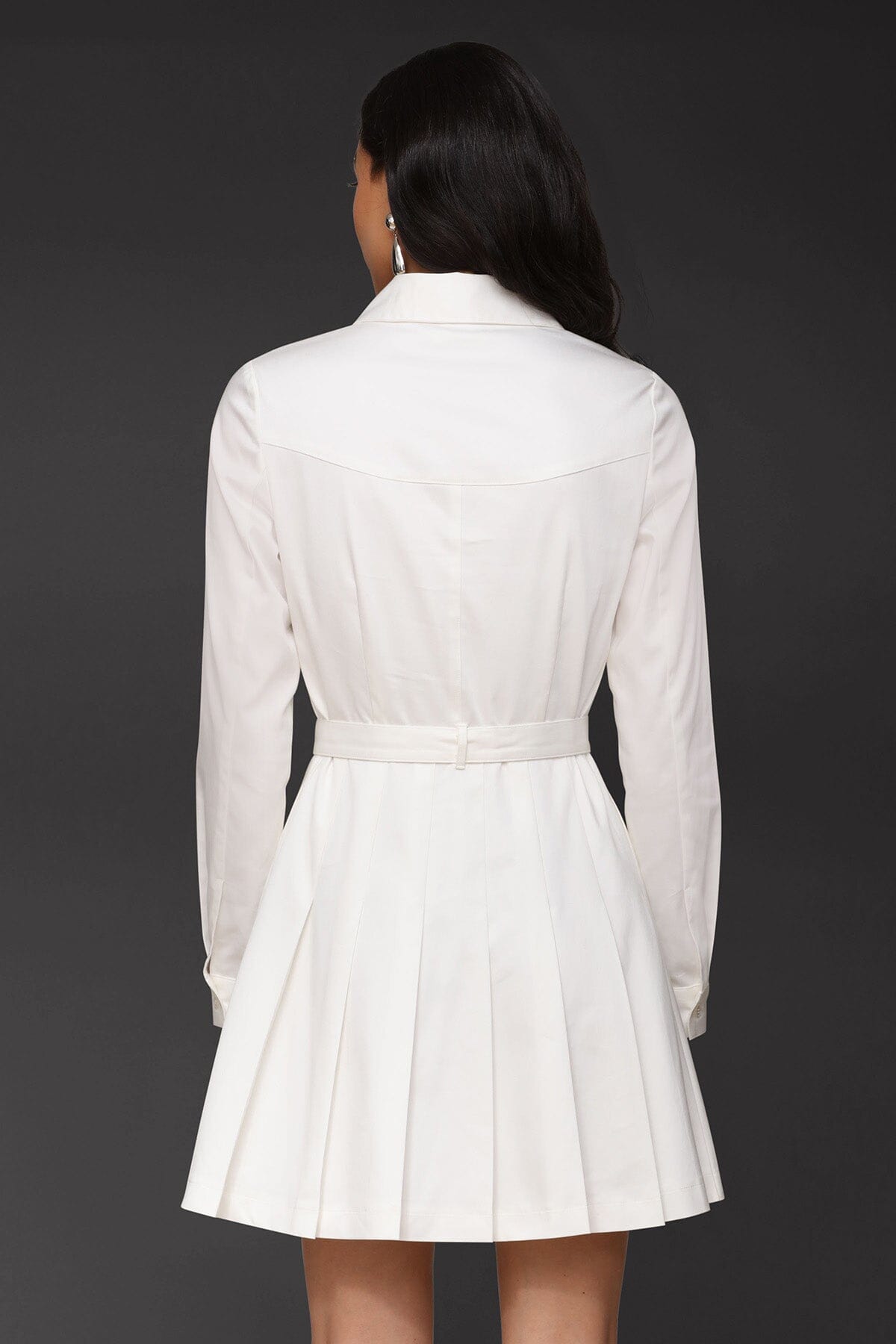 Belted cotton-blend pleated white shirtdress with long sleeves, removable belt, and button-front - Cute women's shirt dresses by Avec Les Filles