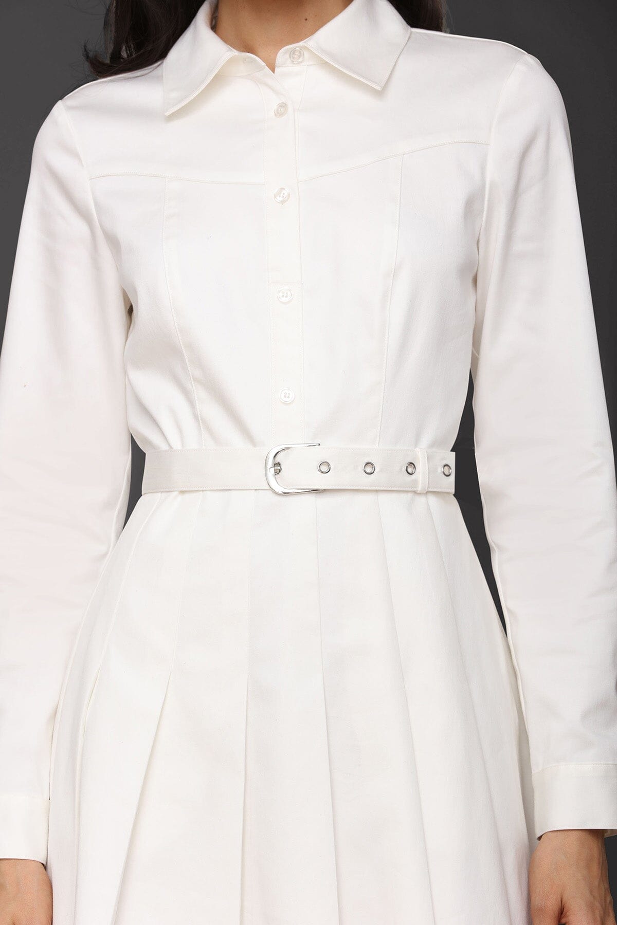 Belted cotton-blend pleated white shirtdress with long sleeves, removable belt, and button-front - Cute women's shirt dresses by Avec Les Filles