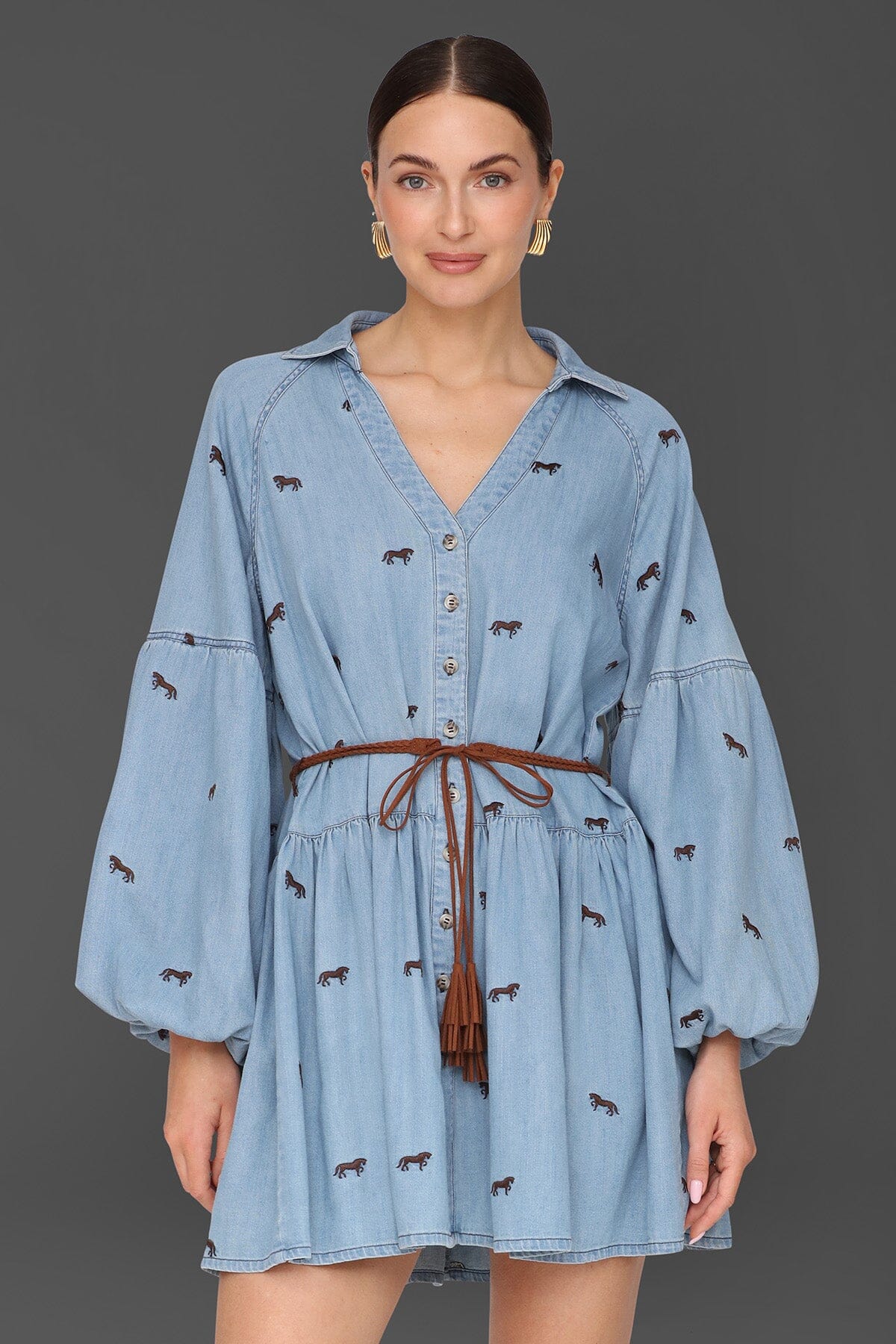 Equine Embroidered Cotton Mini Dress Dresses Avec Les Filles Light Wash 2