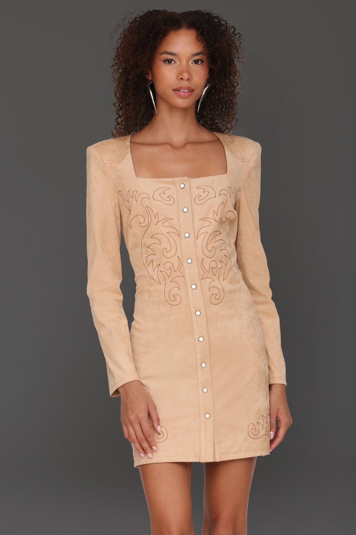 Western embroidered faux suede biscuit beige button-front mini dress with square neckline and long sleeves - Cute women's mini dresses by Avec Les Filles