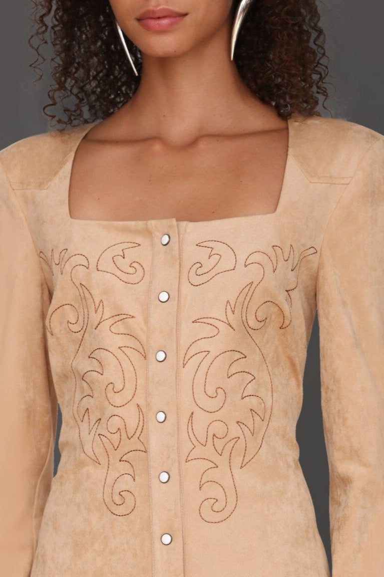 Western embroidered faux suede biscuit beige button-front mini dress with square neckline and long sleeves - Cute women's mini dresses by Avec Les Filles