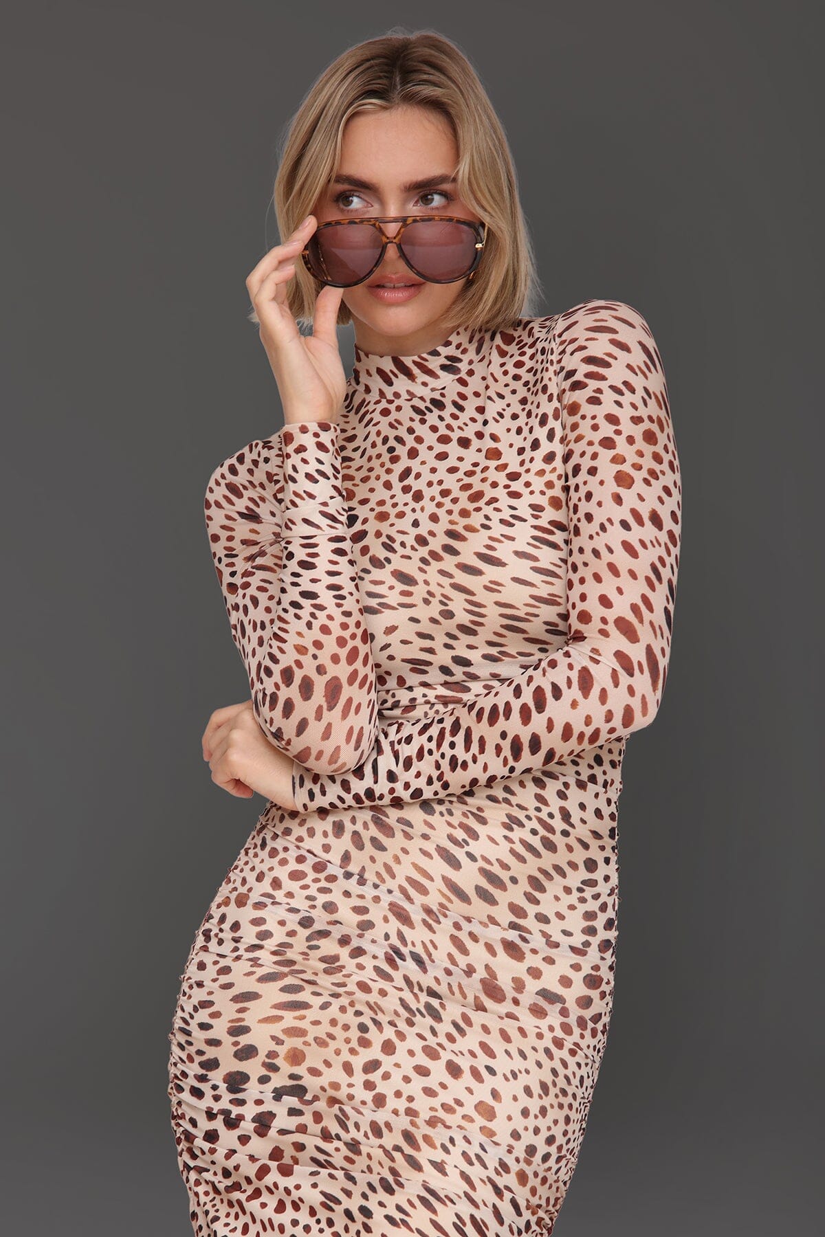 Cheetah animal print ruched bodycon maxi dress with mock neckline and long fitted sleeves - Cute women's maxi dresses by Avec Les Filles