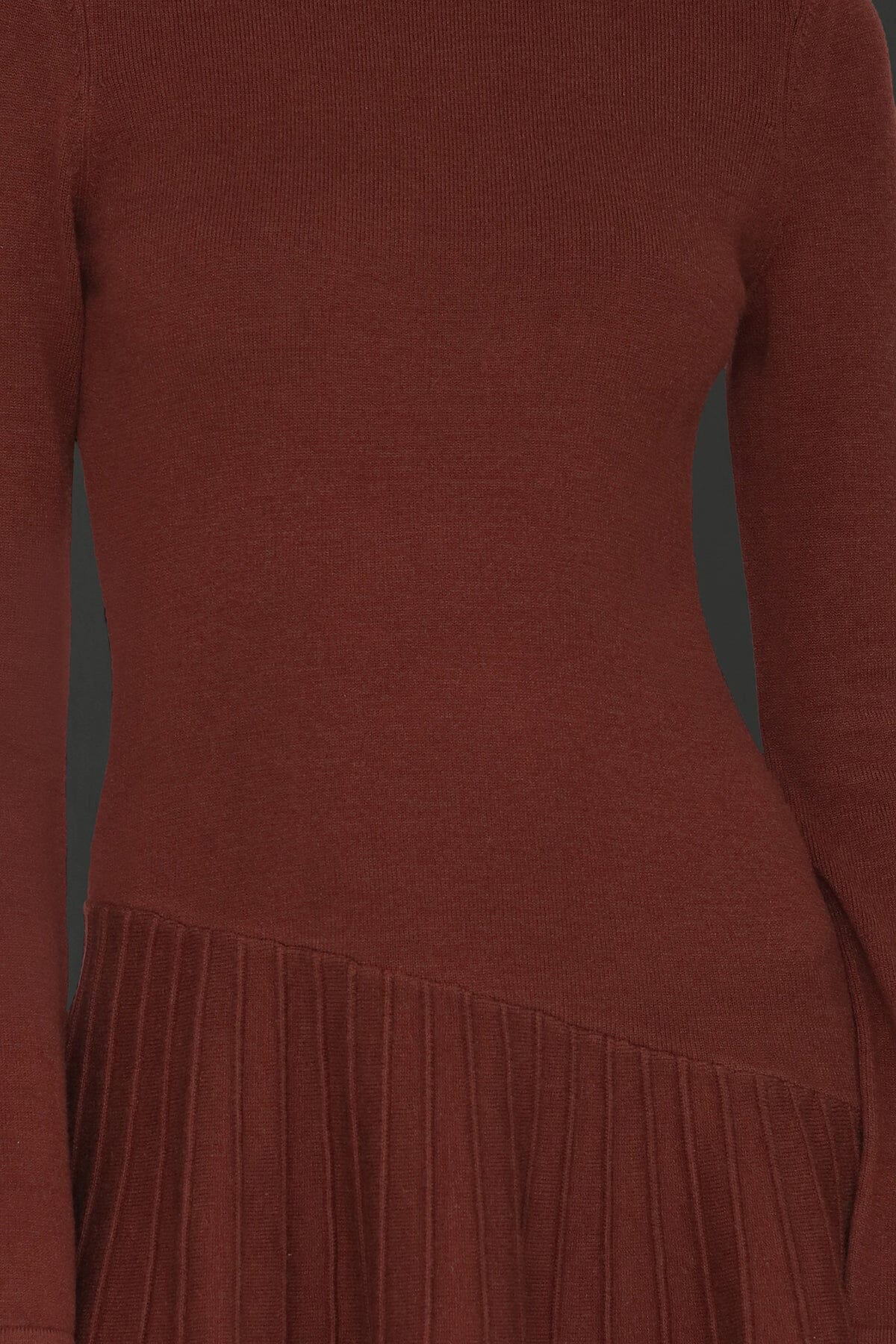 Asymmetric hem rust flared mini sweater dress with mock neckline and long flared sleeves - Cute women's mini dresses by Avec Les Filles