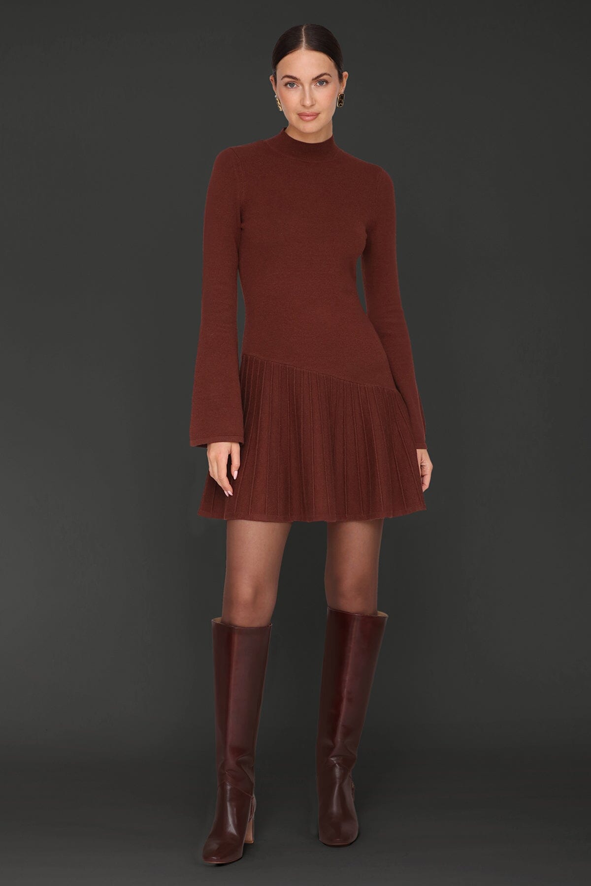 Asymmetric hem rust flared mini sweater dress with mock neckline and long flared sleeves - Cute women's mini dresses by Avec Les Filles