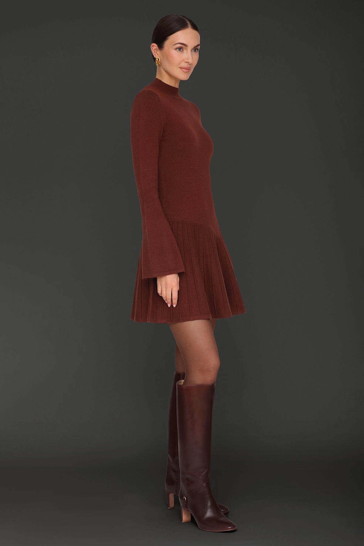 Asymmetric hem rust flared mini sweater dress with mock neckline and long flared sleeves - Cute women's mini dresses by Avec Les Filles