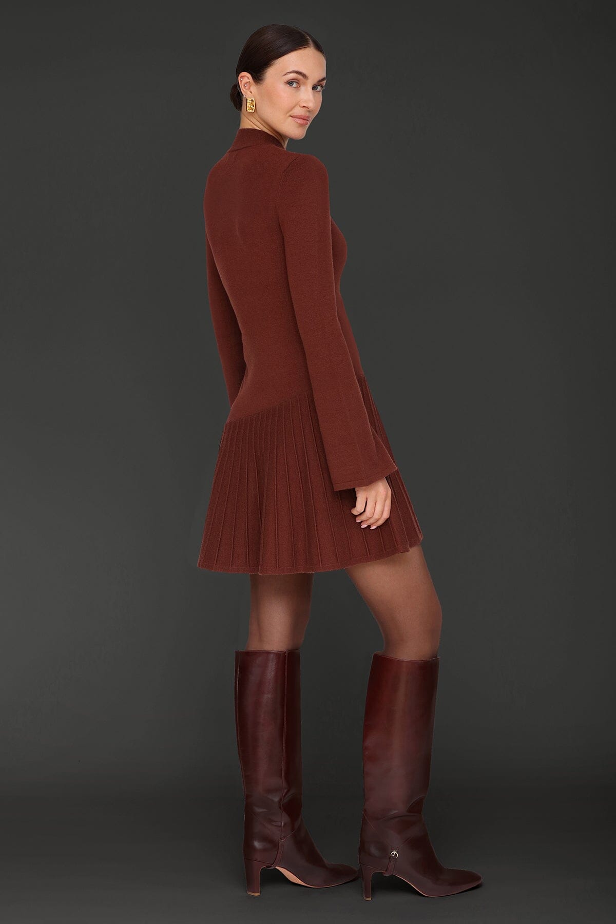 Asymmetric hem rust flared mini sweater dress with mock neckline and long flared sleeves - Cute women's mini dresses by Avec Les Filles