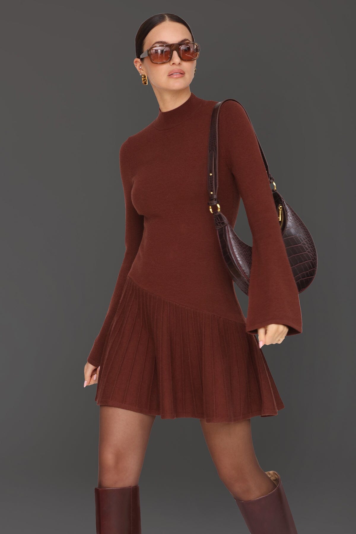 Asymmetric hem rust flared mini sweater dress with mock neckline and long flared sleeves - Cute women's mini dresses by Avec Les Filles