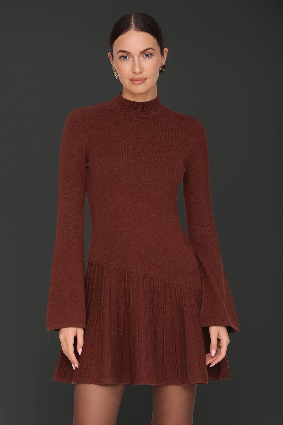 Asymmetric hem rust flared mini sweater dress with mock neckline and long flared sleeves - Cute women's mini dresses by Avec Les Filles