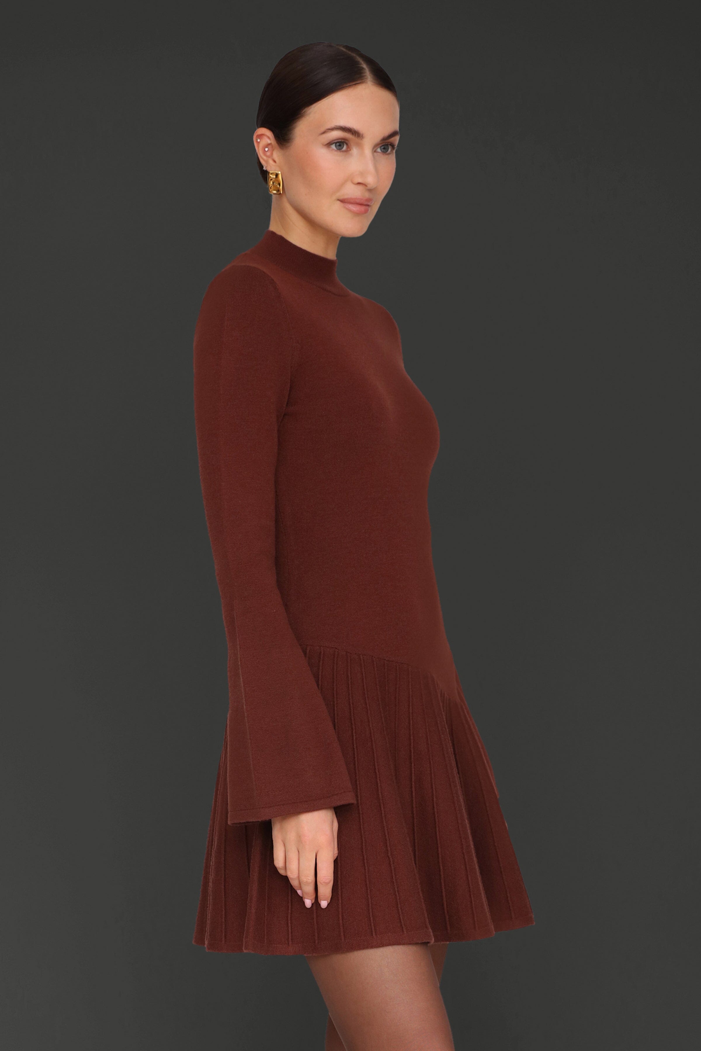 Asymmetric hem rust flared mini sweater dress with mock neckline and long flared sleeves - Cute women's mini dresses by Avec Les Filles