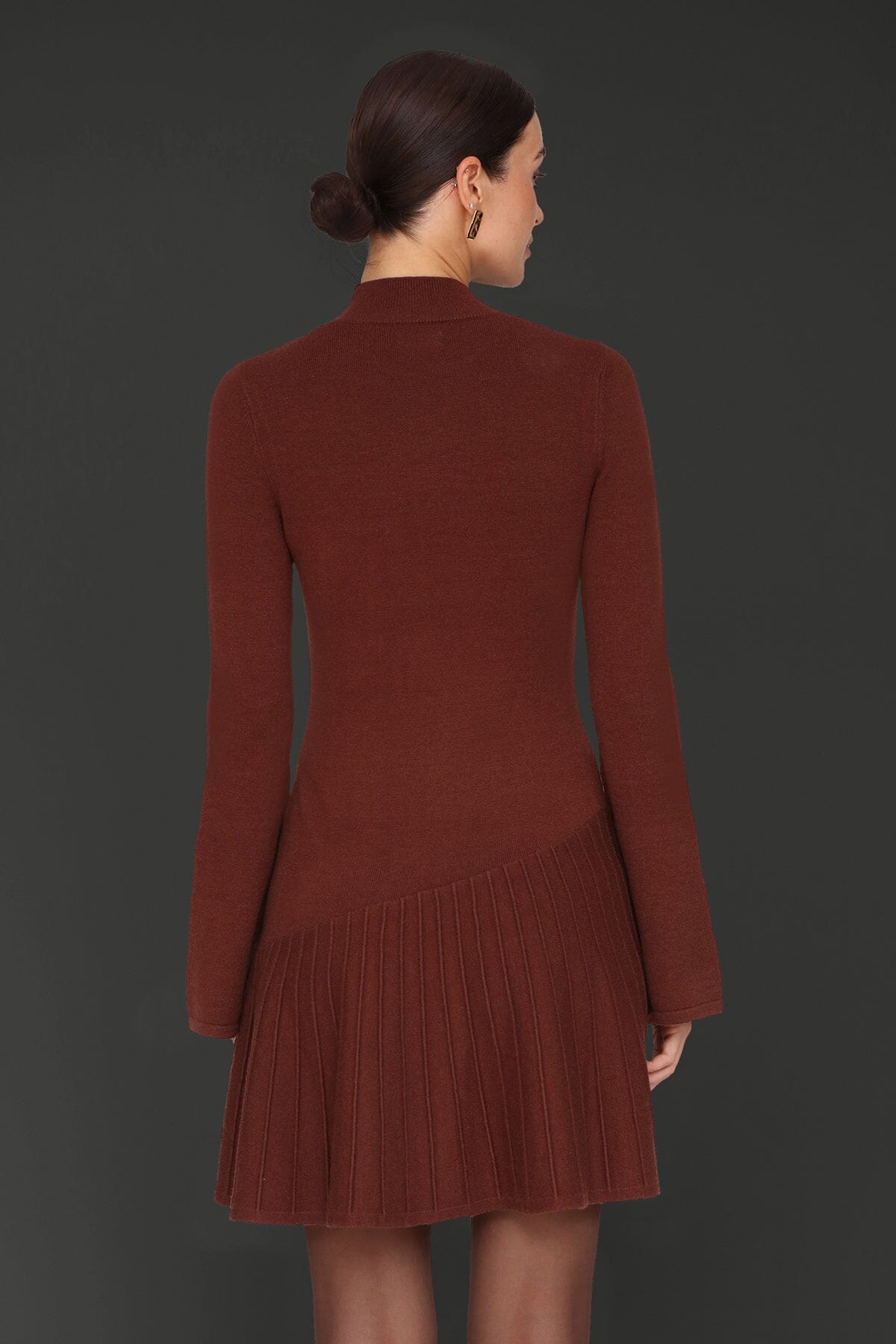 Asymmetric hem rust flared mini sweater dress with mock neckline and long flared sleeves - Cute women's mini dresses by Avec Les Filles