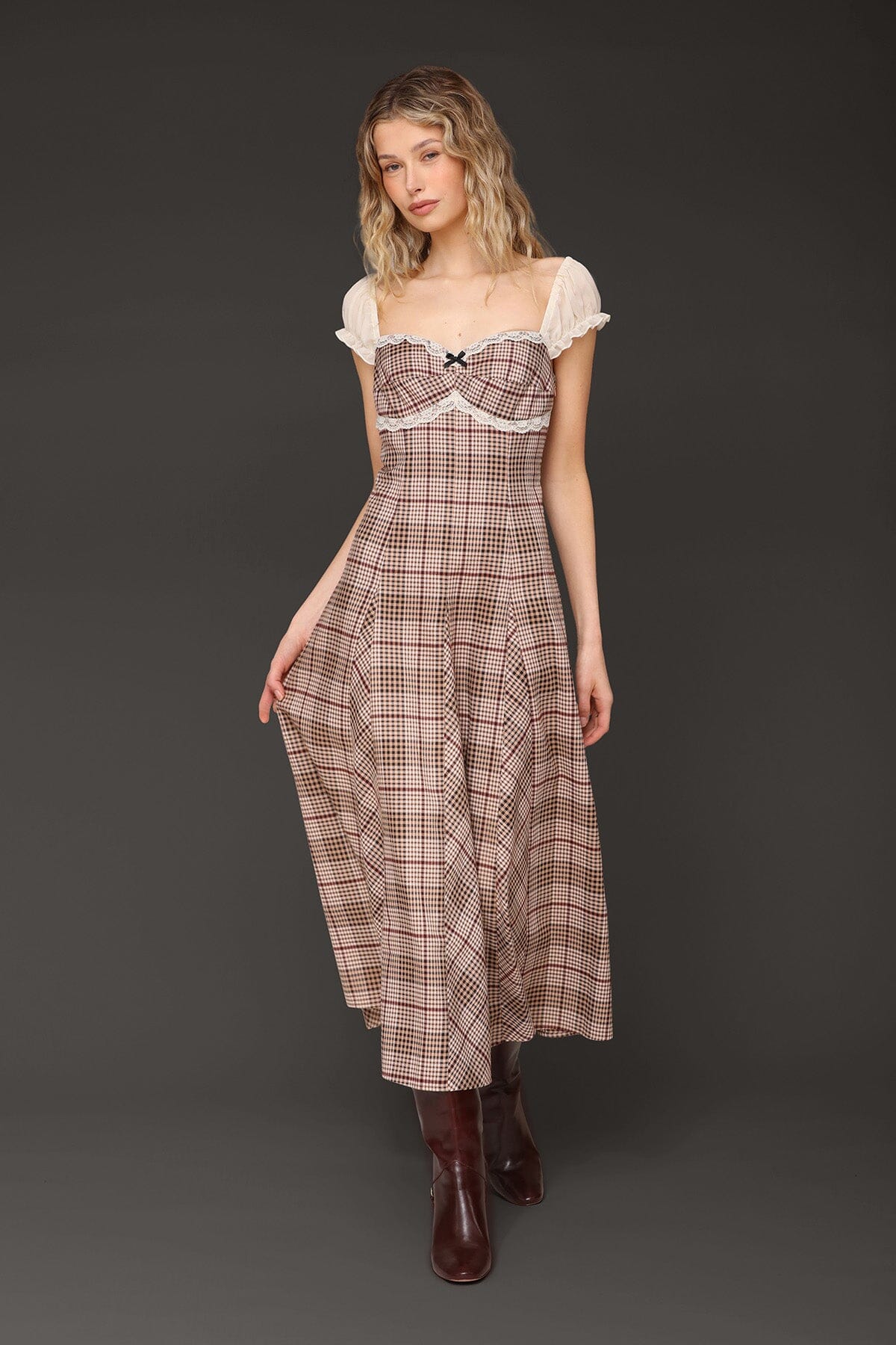 Plaid prairie brown multi plaid midi dress with sweetheart neckline and chiffon puff sleeves - Cute women's midi dresses by Avec Les Filles