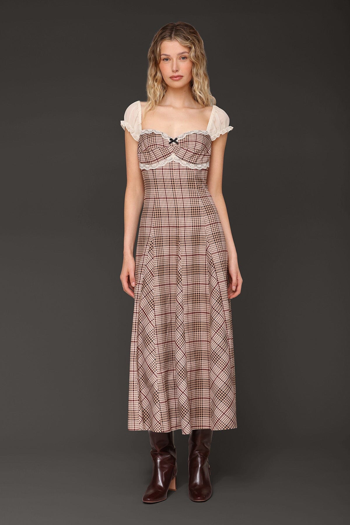 Plaid prairie brown multi plaid midi dress with sweetheart neckline and chiffon puff sleeves - Cute women's midi dresses by Avec Les Filles