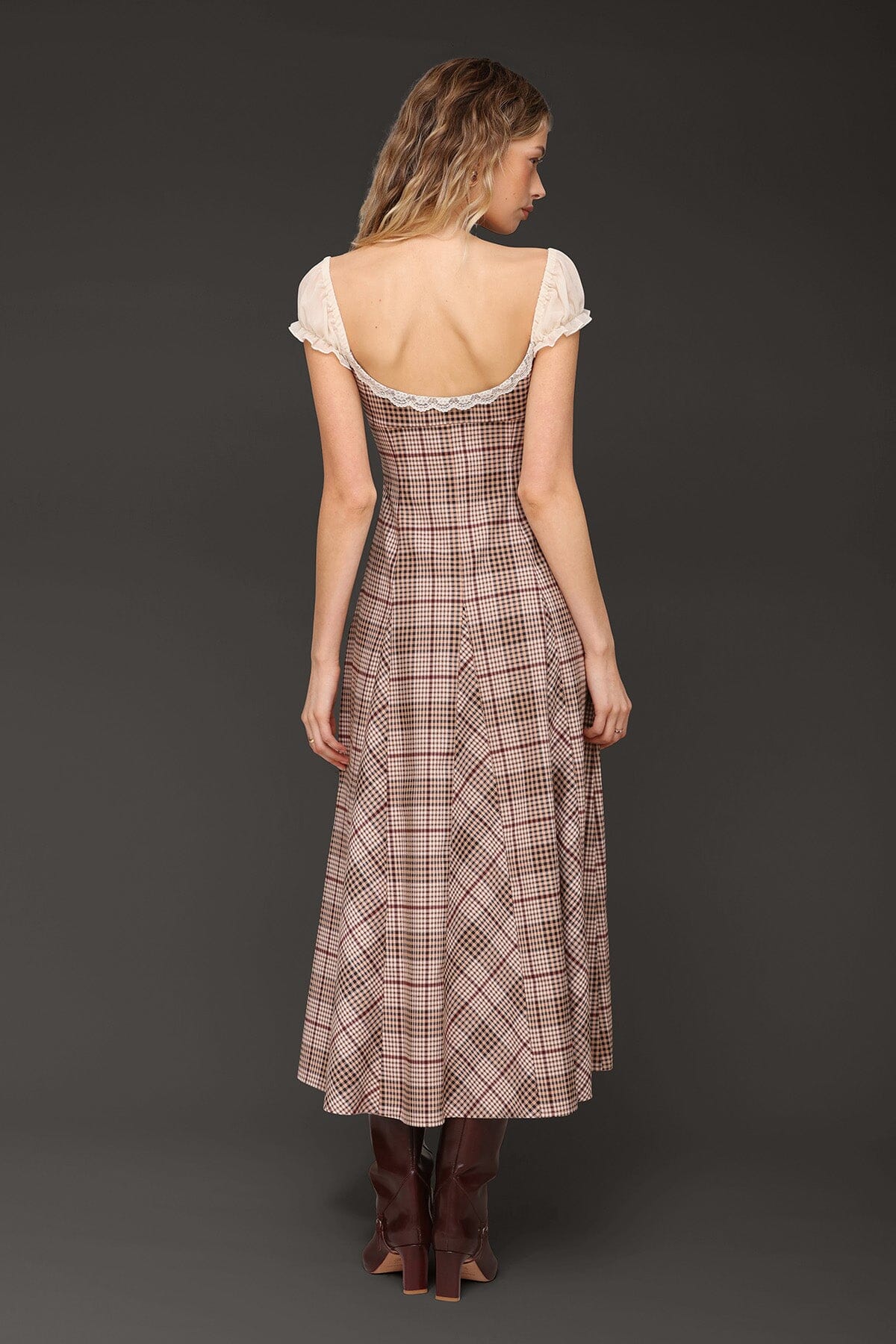 Plaid prairie brown multi plaid midi dress with sweetheart neckline and chiffon puff sleeves - Cute women's midi dresses by Avec Les Filles