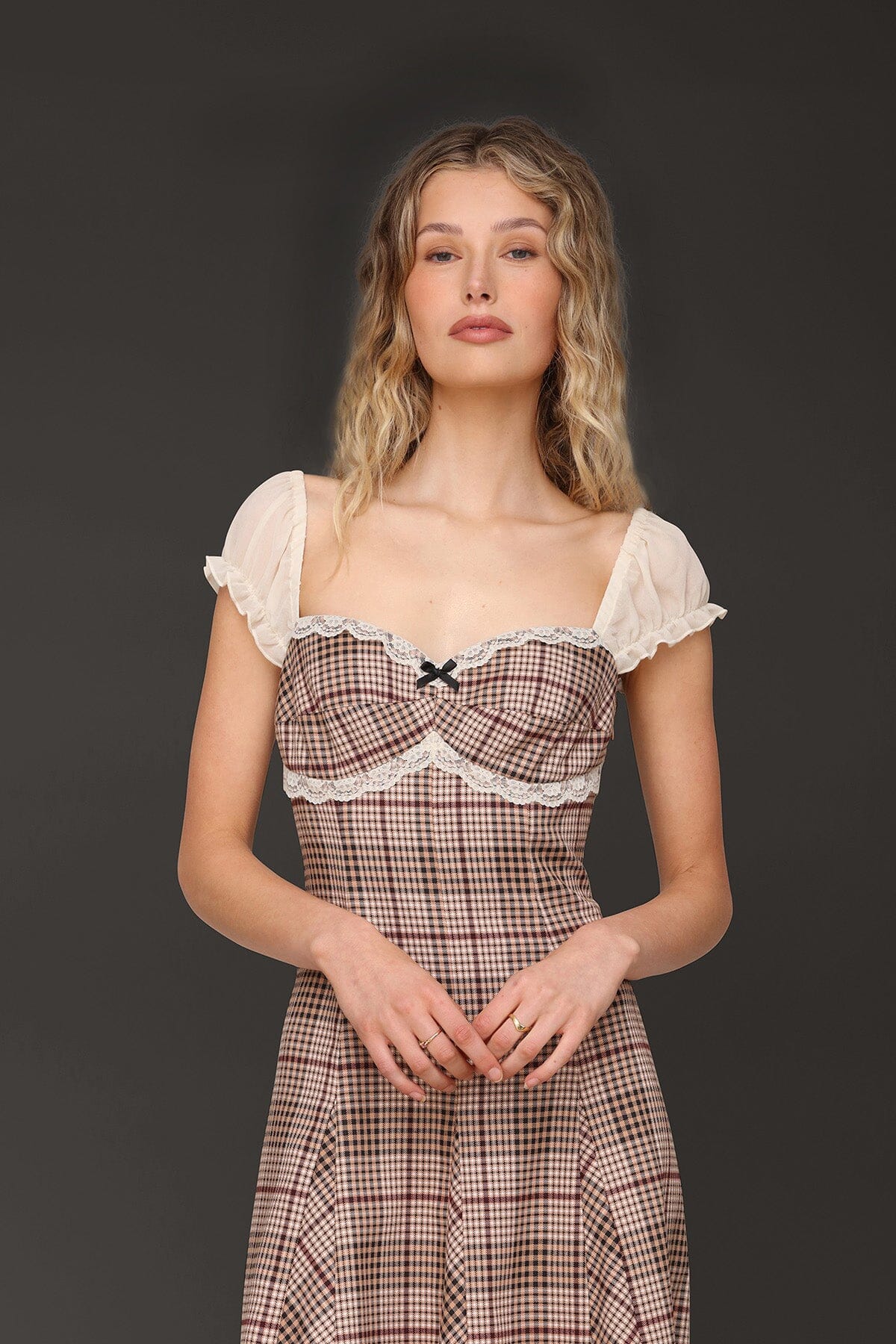 Plaid prairie brown multi plaid midi dress with sweetheart neckline and chiffon puff sleeves - Cute women's midi dresses by Avec Les Filles
