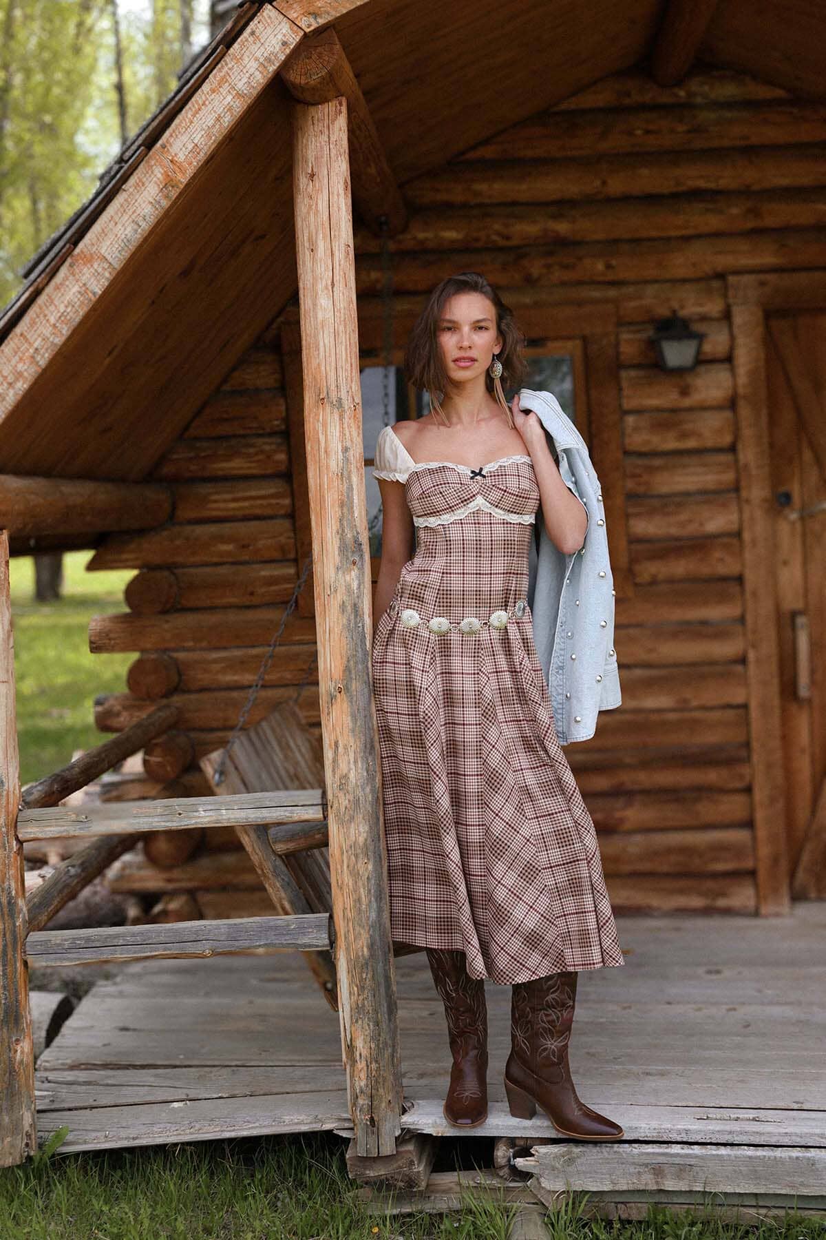Prairie brown multi plaid midi dress with sweetheart neckline and chiffon puff sleeves - Cute women's midi dresses by Avec Les Filles