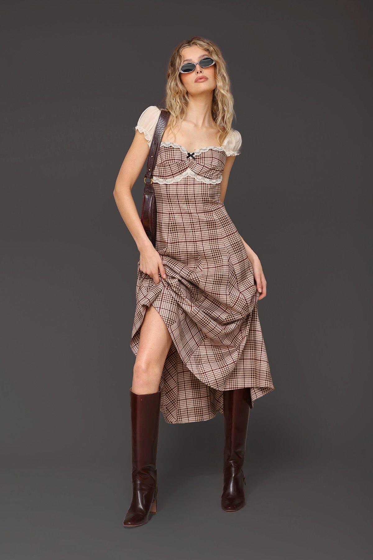 Prairie brown multi plaid midi dress with sweetheart neckline and chiffon puff sleeves - Cute women's midi dresses by Avec Les Filles