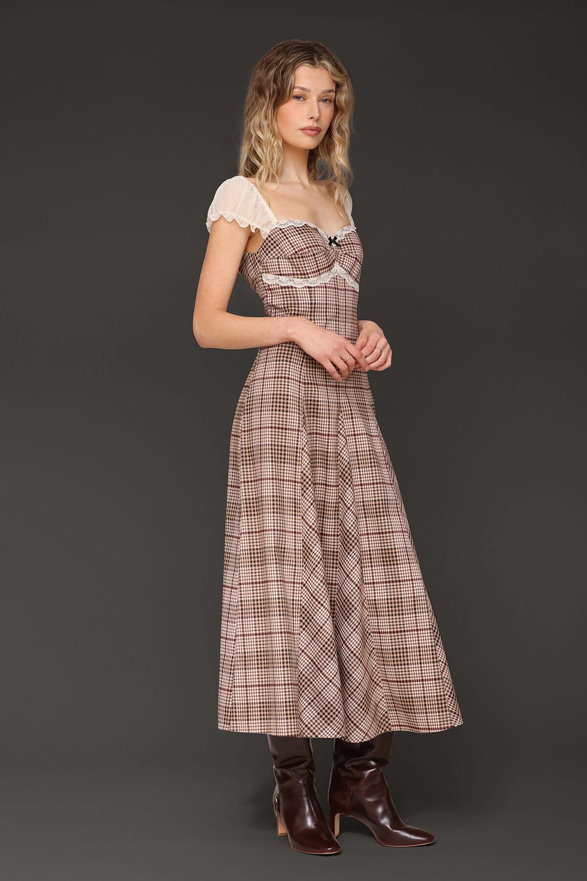 Prairie brown plaid midi long dress with sweetheart neckline and chiffon puff sleeves - Cute women's midi dresses by Avec Les Filles