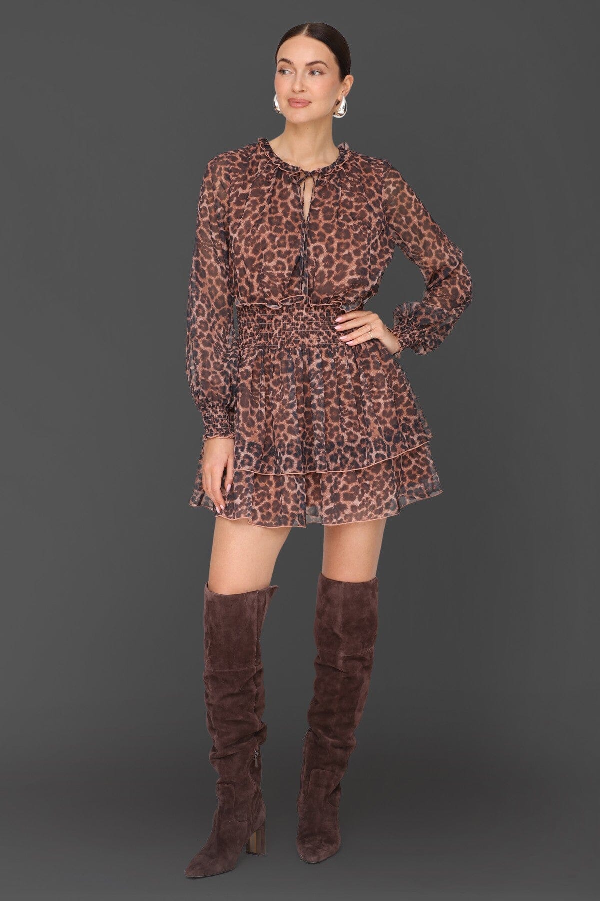 Leopard print smocked brown chiffon tiered ruffle mini dress with sheer long sleeves and keyhole tie neckline - Cute women's mini dresses by Avec Les Filles