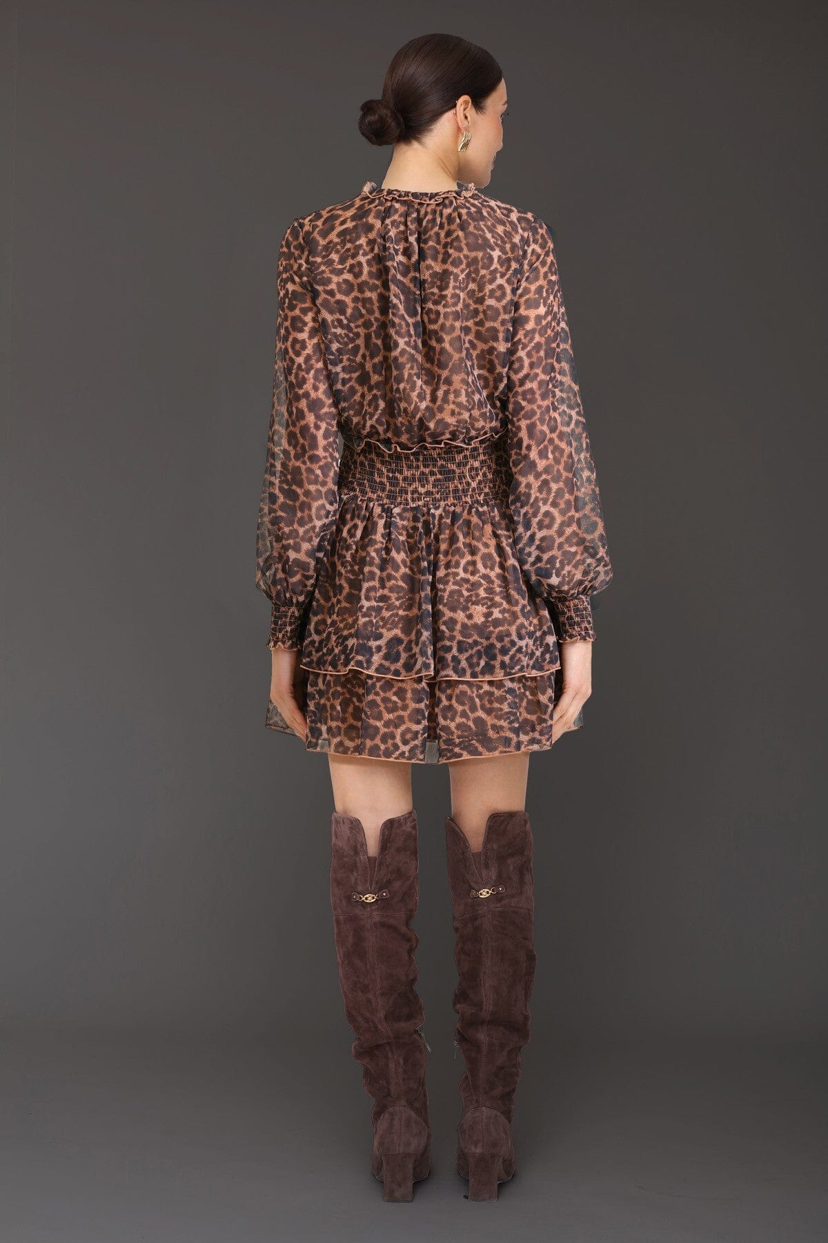 Leopard print smocked brown chiffon tiered ruffle mini dress with sheer long sleeves and keyhole tie neckline - Cute women's mini dresses by Avec Les Filles