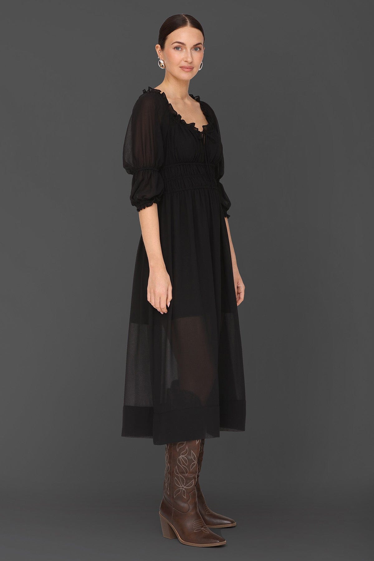 Sheer chiffon prairie black midi dress with ruffle-trim neckline, smocked waistband, puff sleeves and front tie - Cute women's midi dresses by Avec Les Filles