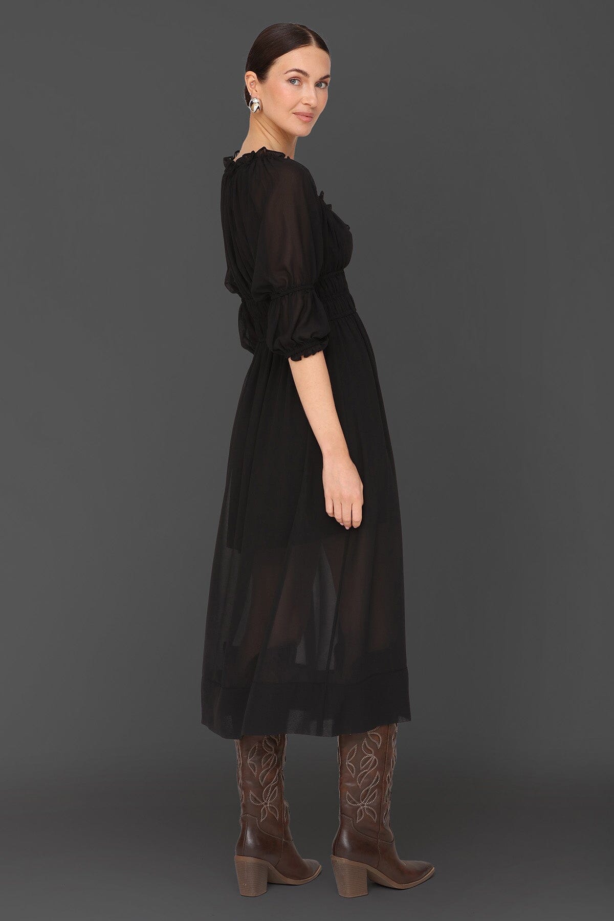 Sheer chiffon prairie black midi dress with ruffle-trim neckline, smocked waistband, puff sleeves and front tie - Cute women's midi dresses by Avec Les Filles