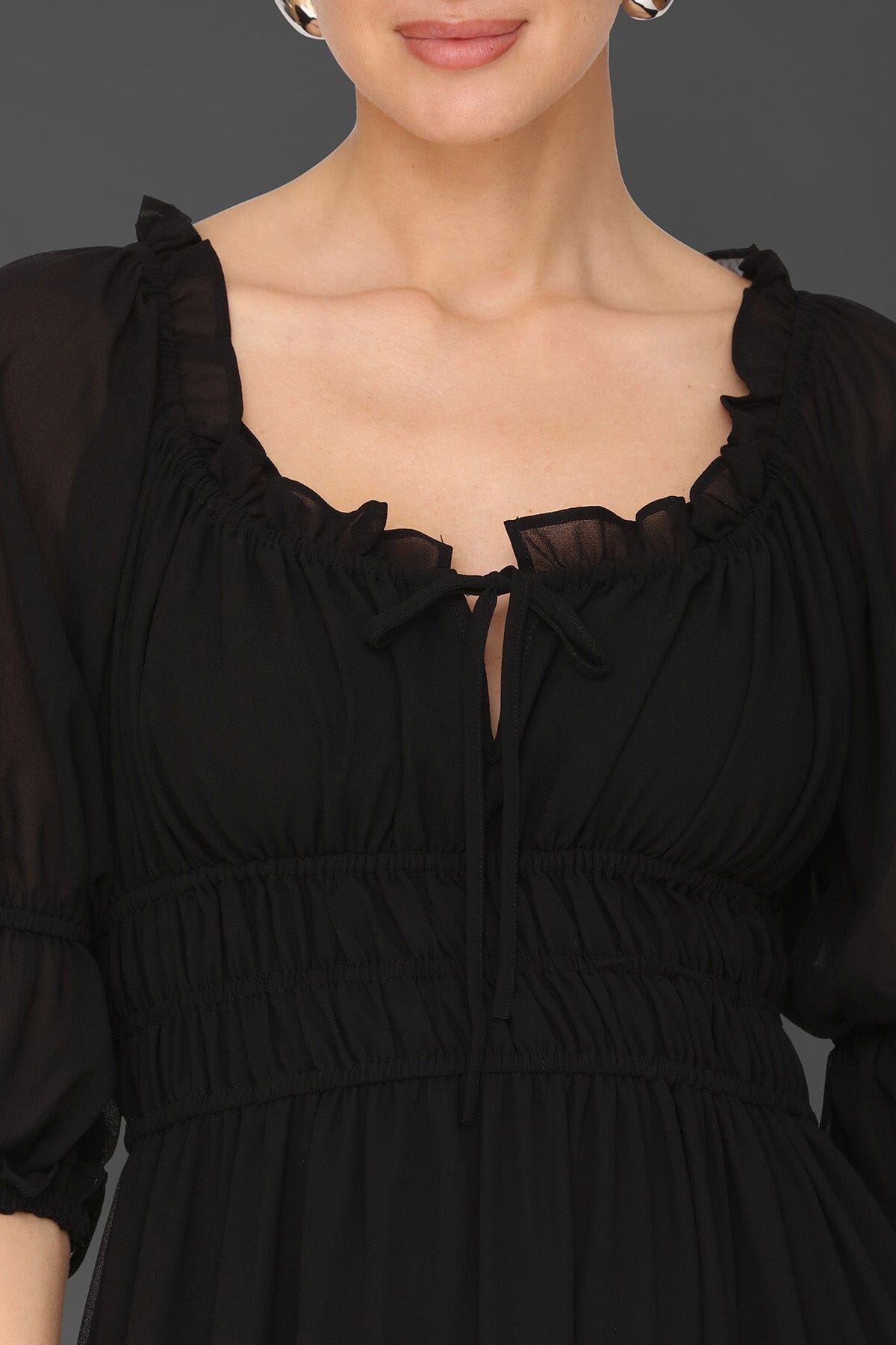 Sheer chiffon prairie black midi dress with ruffle-trim neckline, smocked waistband, puff sleeves and front tie - Cute women's midi dresses by Avec Les Filles