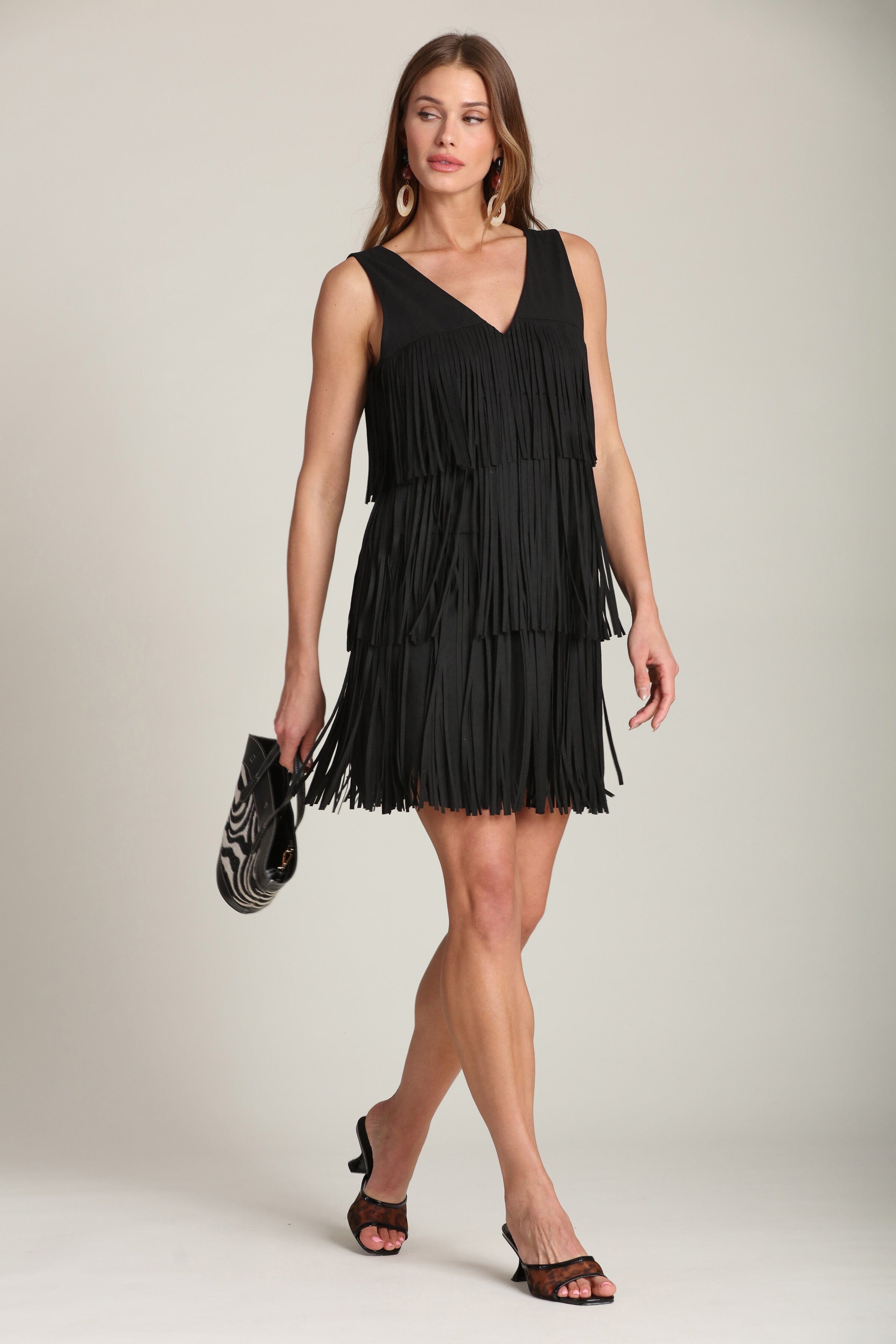 Faux suede tiered fringe black shift mini dress with a V-neck - Shop cute designer women’s mini dresses by Avec Les Filles. Perfect for any day-to-night party