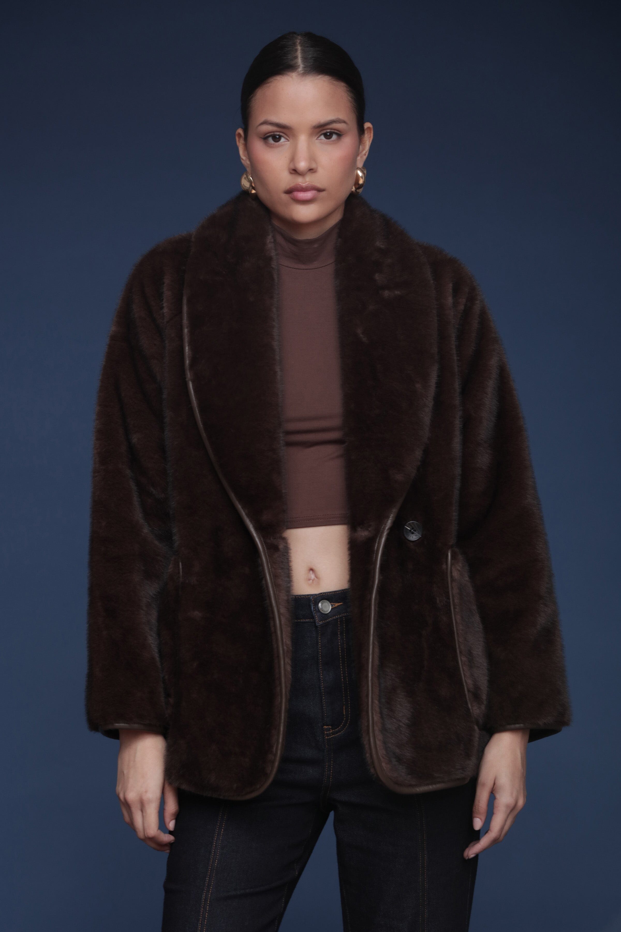 Brown faux fur button-front coat with a shawl collar, detachable belt, and side patch pockets - Shop cute women’s coats by Avec Les Filles