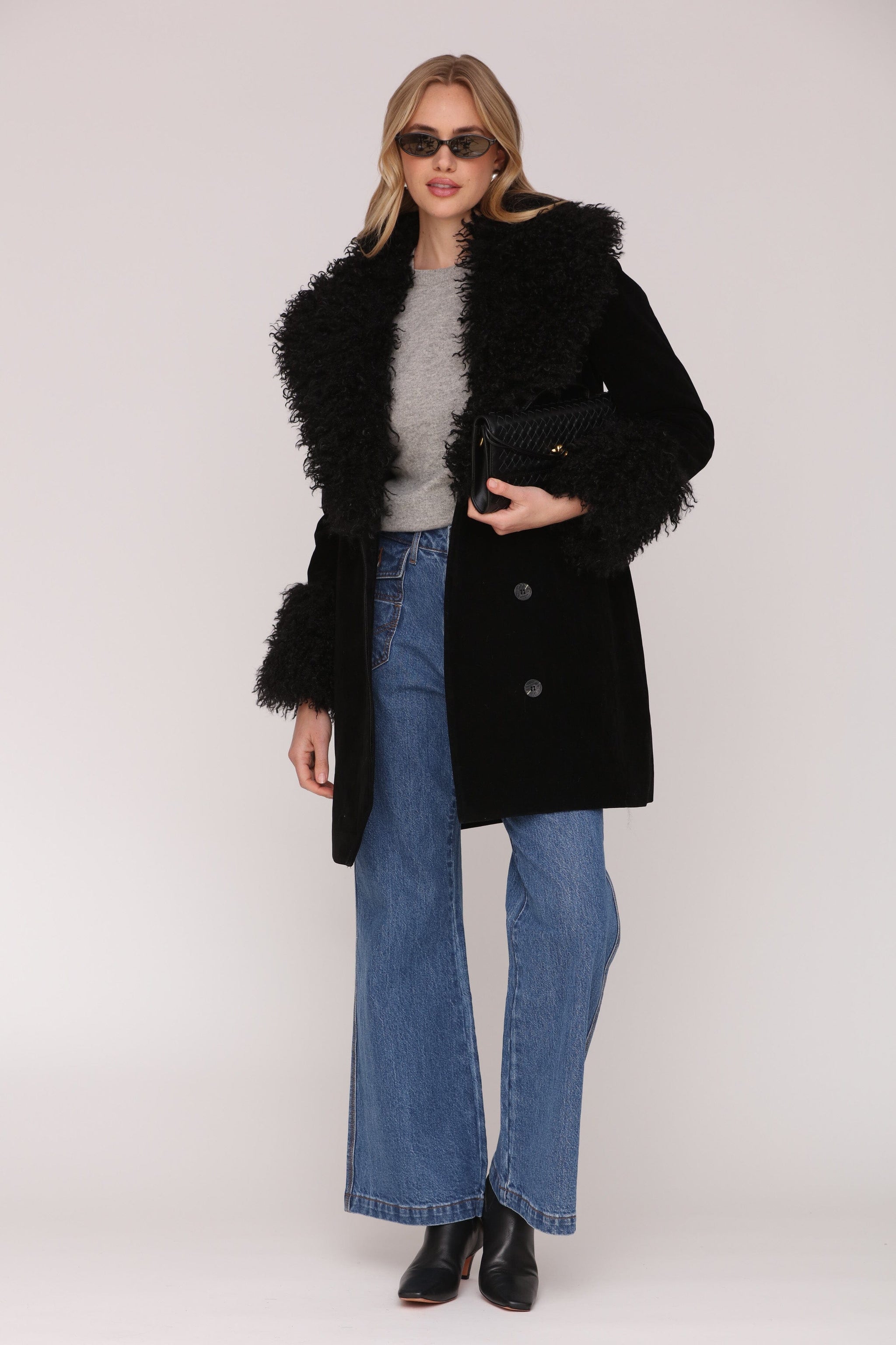 Mongolian Faux Fur Trimmed Faux Suede Black Coat