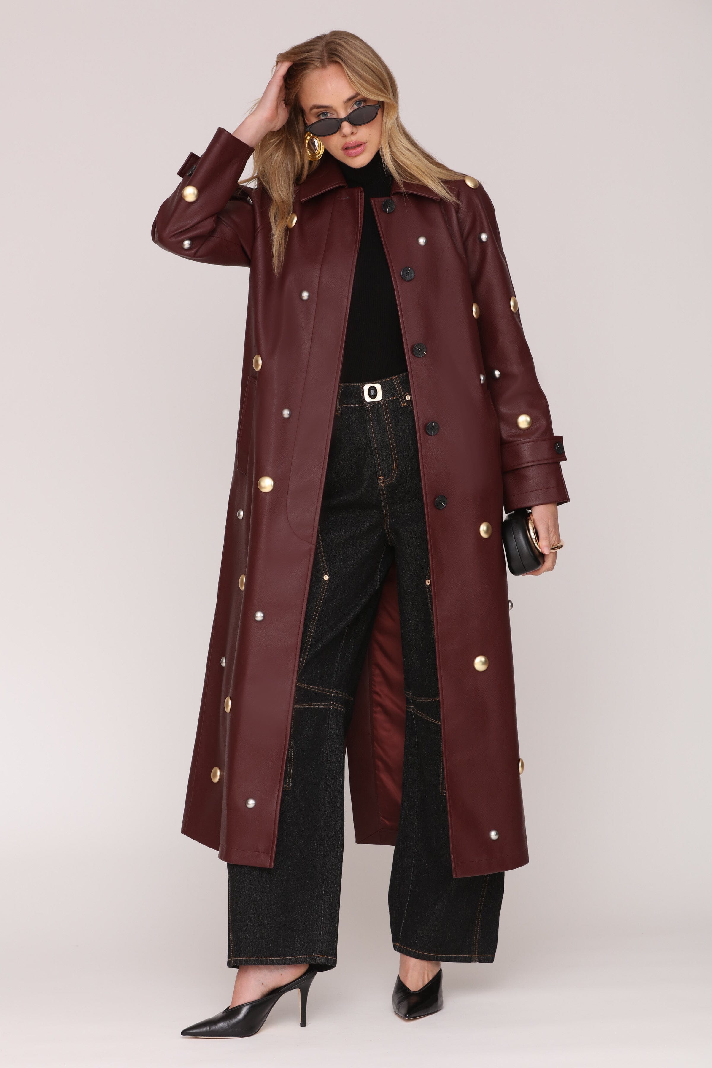 Studded faux leather burgundy button-front trench coat with adjustable waist tie and notched collar - Shop women's long trench coats by Avec Les Filles