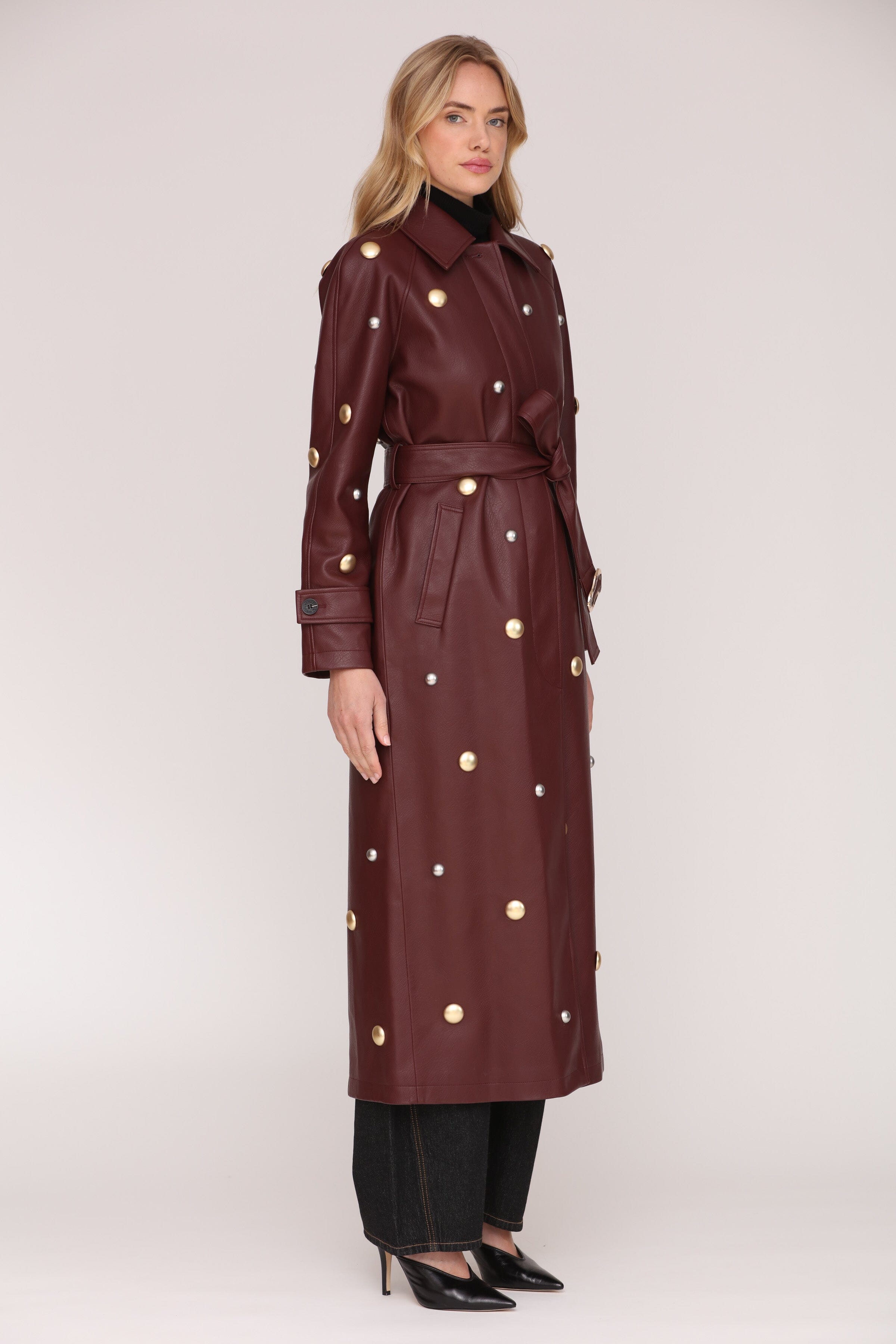Studded faux leather burgundy button-front trench coat with adjustable waist tie and notched collar - Shop women's long trench coats by Avec Les Filles
