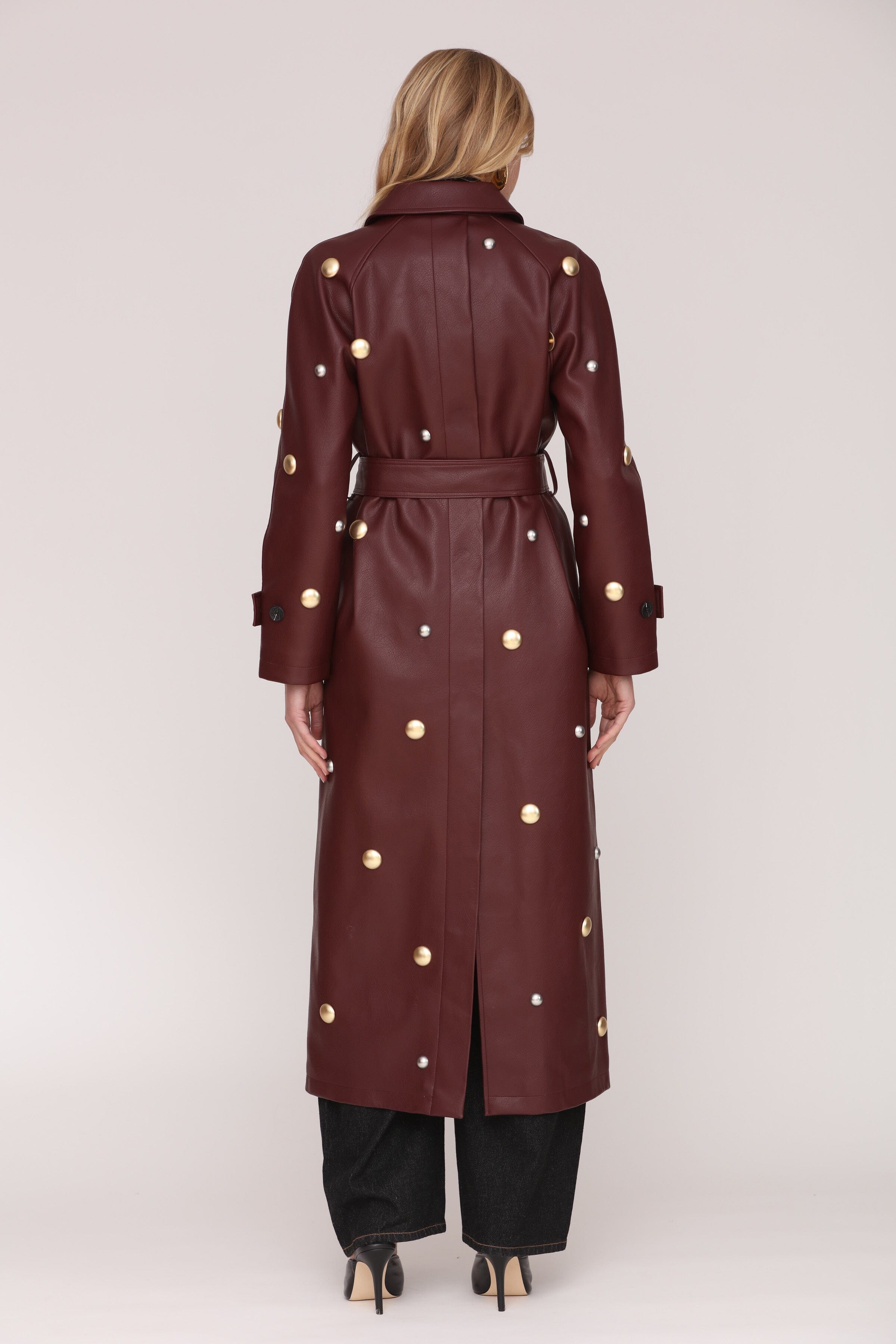 Studded faux leather burgundy button-front trench coat with adjustable waist tie and notched collar - Shop women's long trench coats by Avec Les Filles