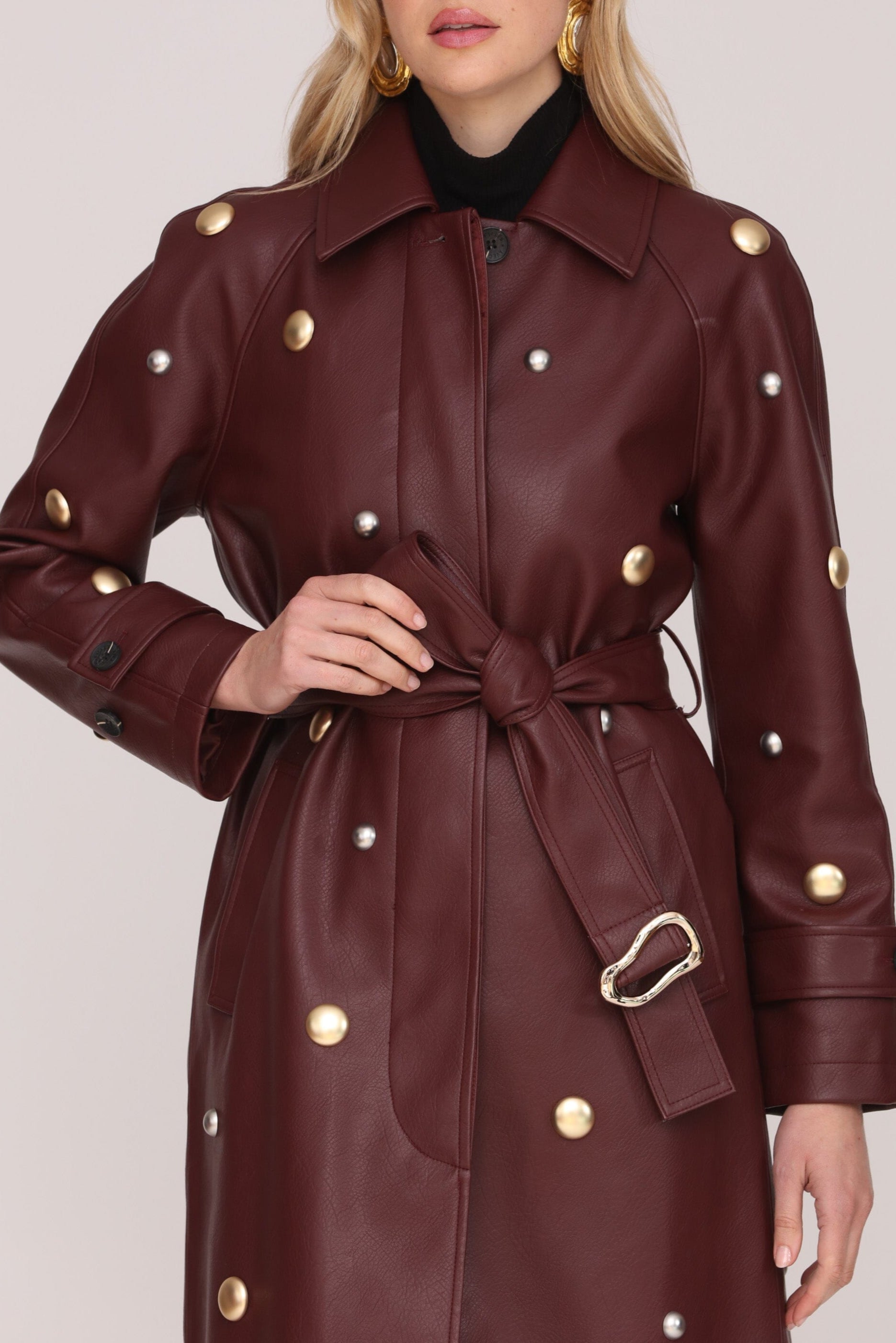 Studded faux leather burgundy button-front trench coat with adjustable waist tie and notched collar - Shop women's long trench coats by Avec Les Filles