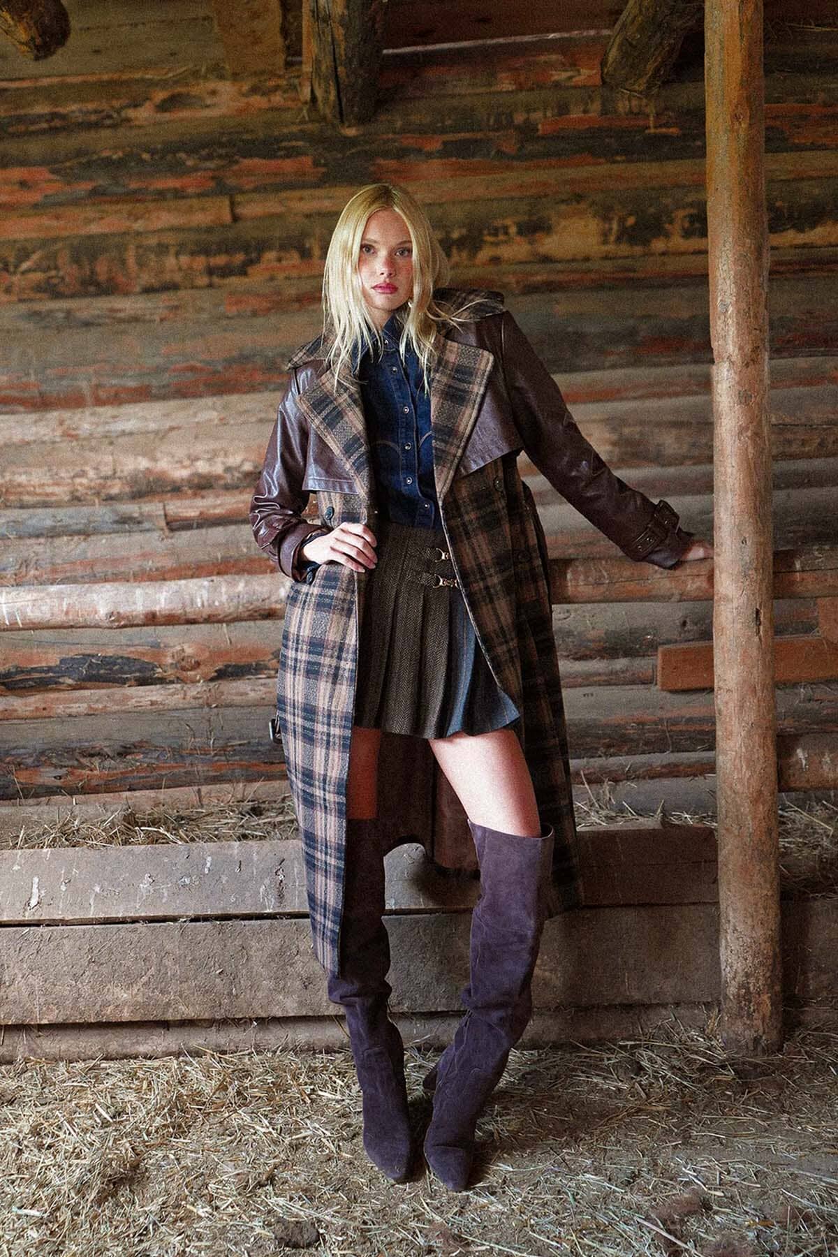 Long Plaid Wool Coat Brown Plaid Mixed Media Faux Leather Trench Coat