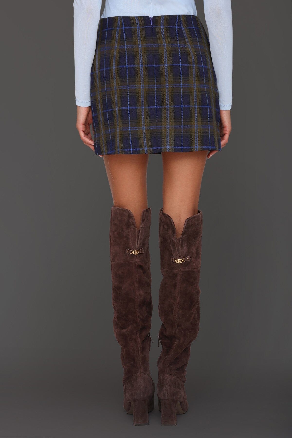 Navy green plaid tailored mini skirt with side slit and attached belt with buckle detail - Cute women's mini skirts by Avec Les Filles