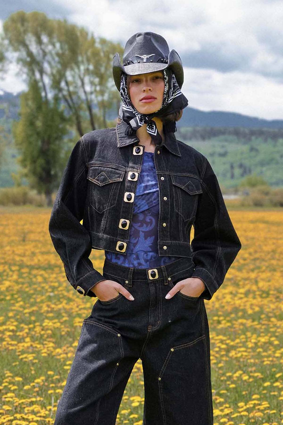 Novelty button-front cropped dark indigo denim jacket made from cotton-blend with chest flap pockets - Cute women's jackets by Avec Les Filles