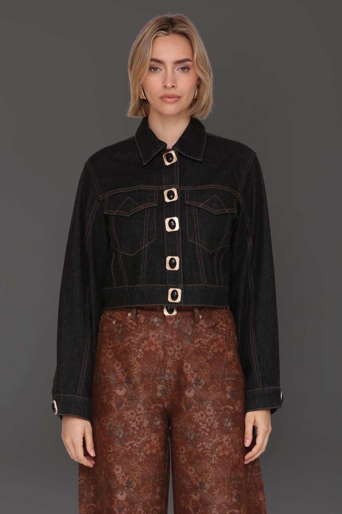 Novelty button-front cropped dark indigo denim jacket made from cotton-blend with chest flap pockets - Cute women's jackets by Avec Les Filles