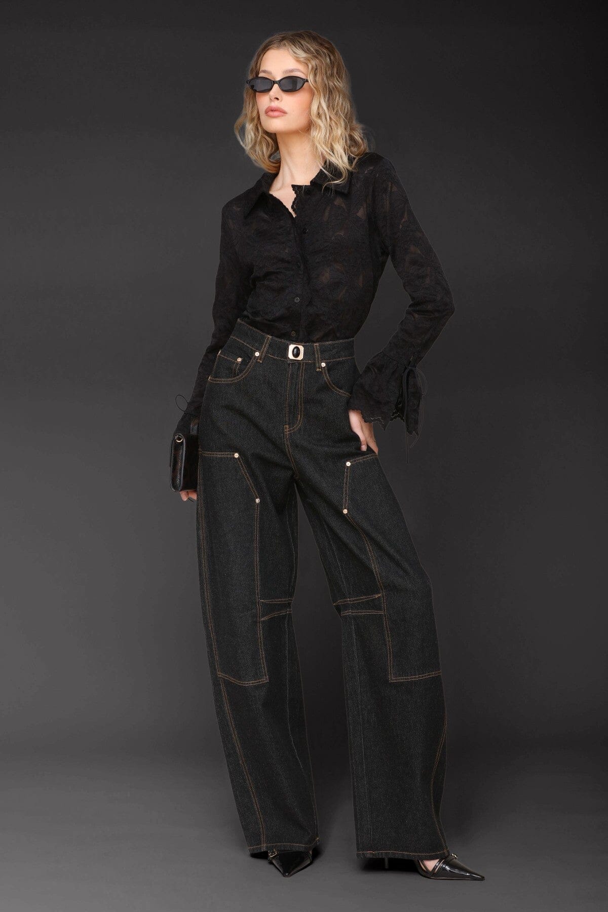 Novelty button dark indigo high-rise barrel leg jeans made from cotton-blend with front and back pockets - Cute women's pants by Avec Les Filles