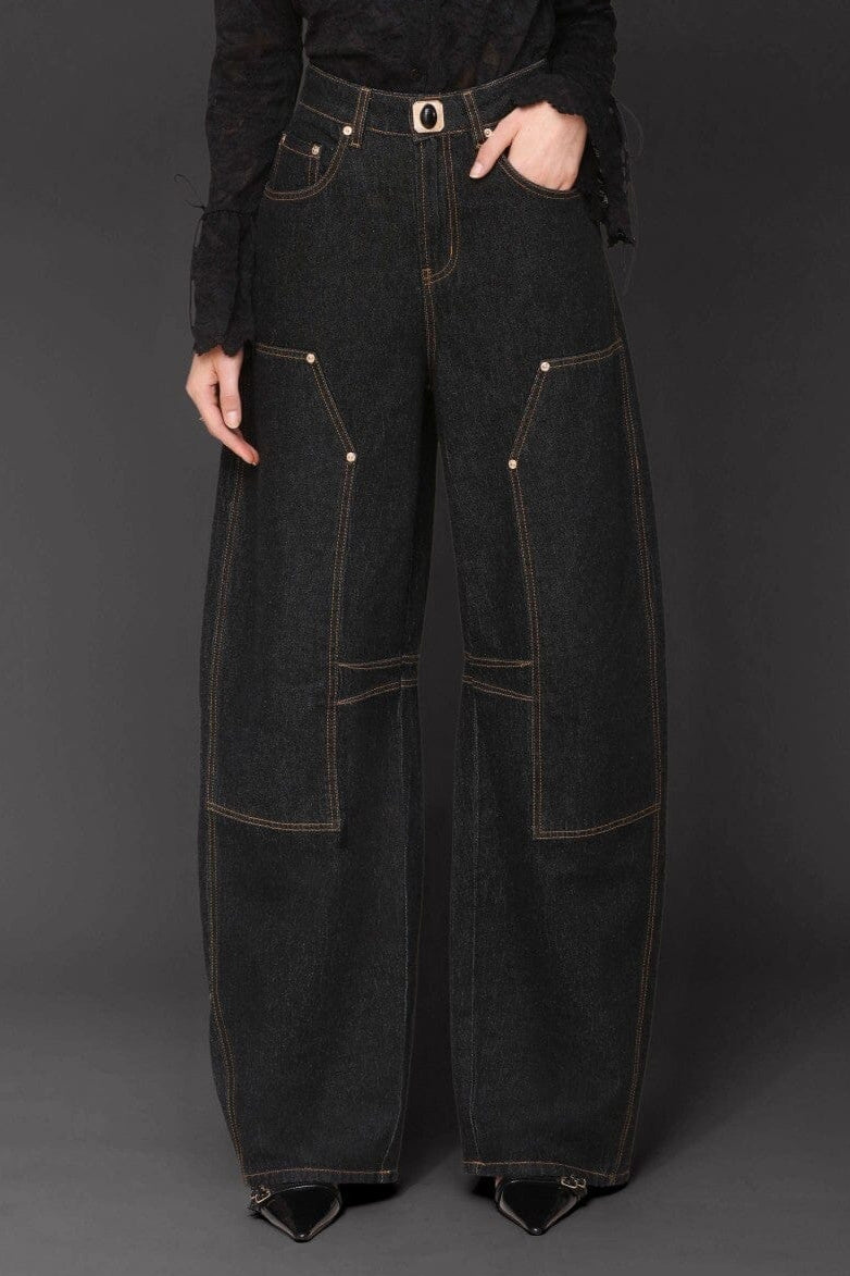 Novelty button dark indigo high-rise barrel leg jeans made from cotton-blend with front and back pockets - Cute women's pants by Avec Les Filles